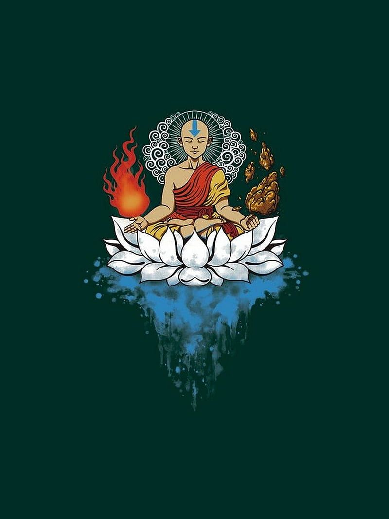Buddha, Lotusblüte, Flammen, Illustration, Dunkelgrüner Hintergrund, HD Wallpaper