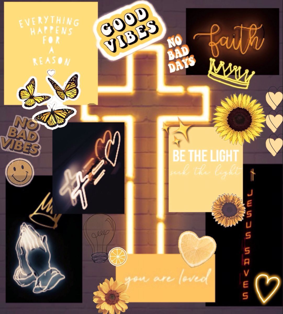 Kreuz, Collage, Faith, Sonnenblumen, Schmetterlinge, Gelbtöne, Hintergrundbild fürs iPad