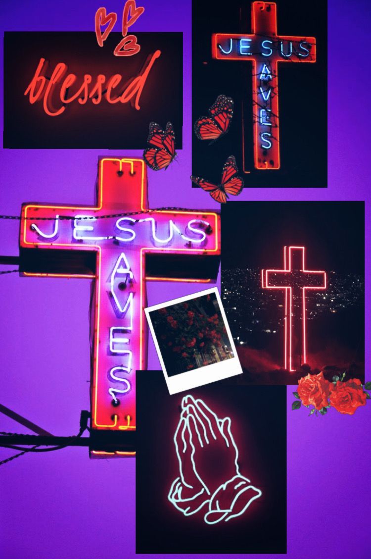 Jesus Saves, Neonkreuz, Blessed, Betende Hände, Lila, Hintergrundbild für iPhone und Android