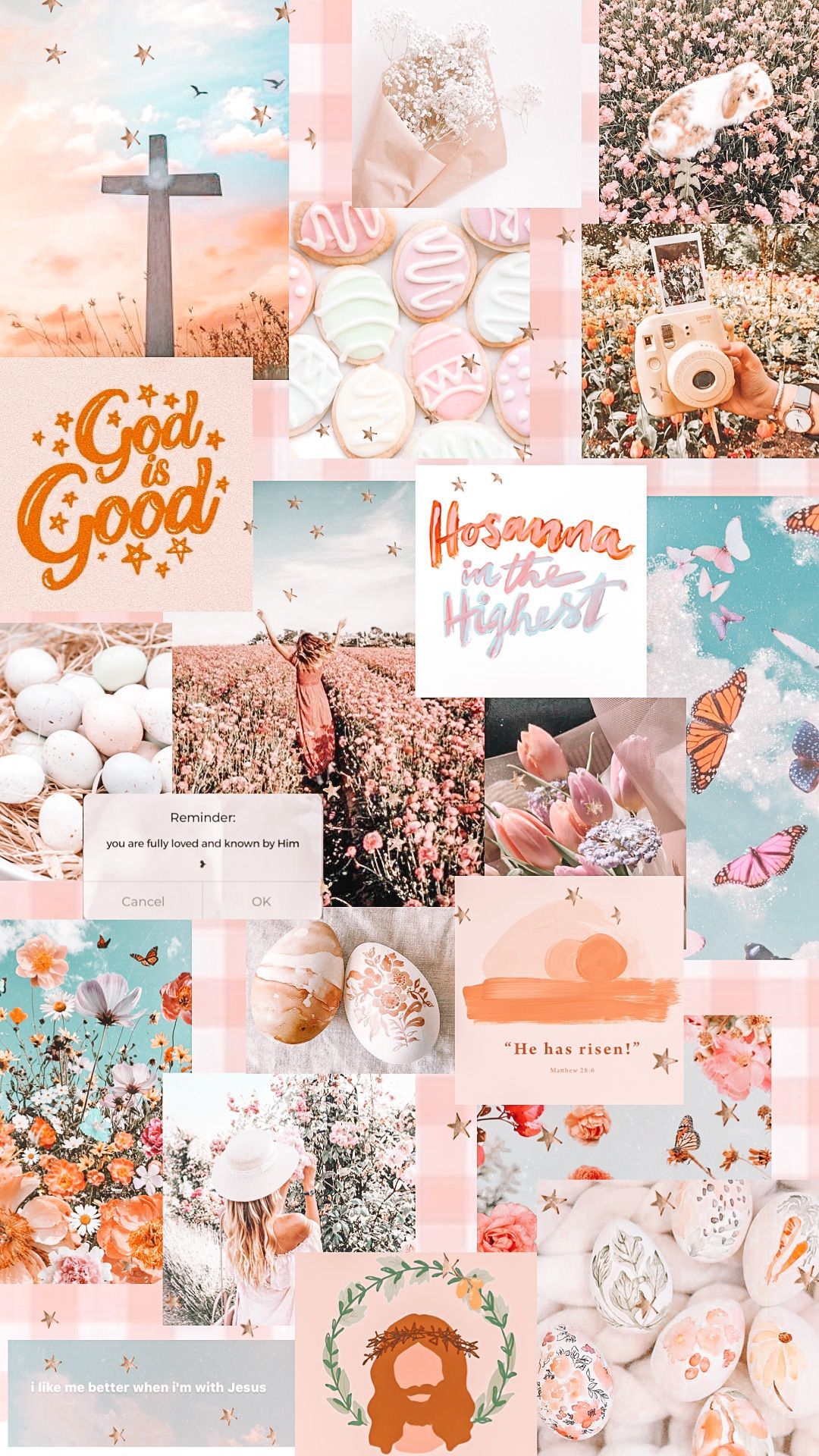 God is Good, Collage, Kreuz, Pastelltöne, Ästhetik, Hochformat, Hintergrundbild fürs Smartphone