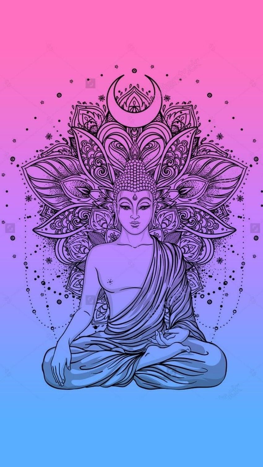 Buddha, Mandala, Linienkunst, Mondsichel, Rosa-blauer Farbverlauf, HD, Handy-Hintergrundbild