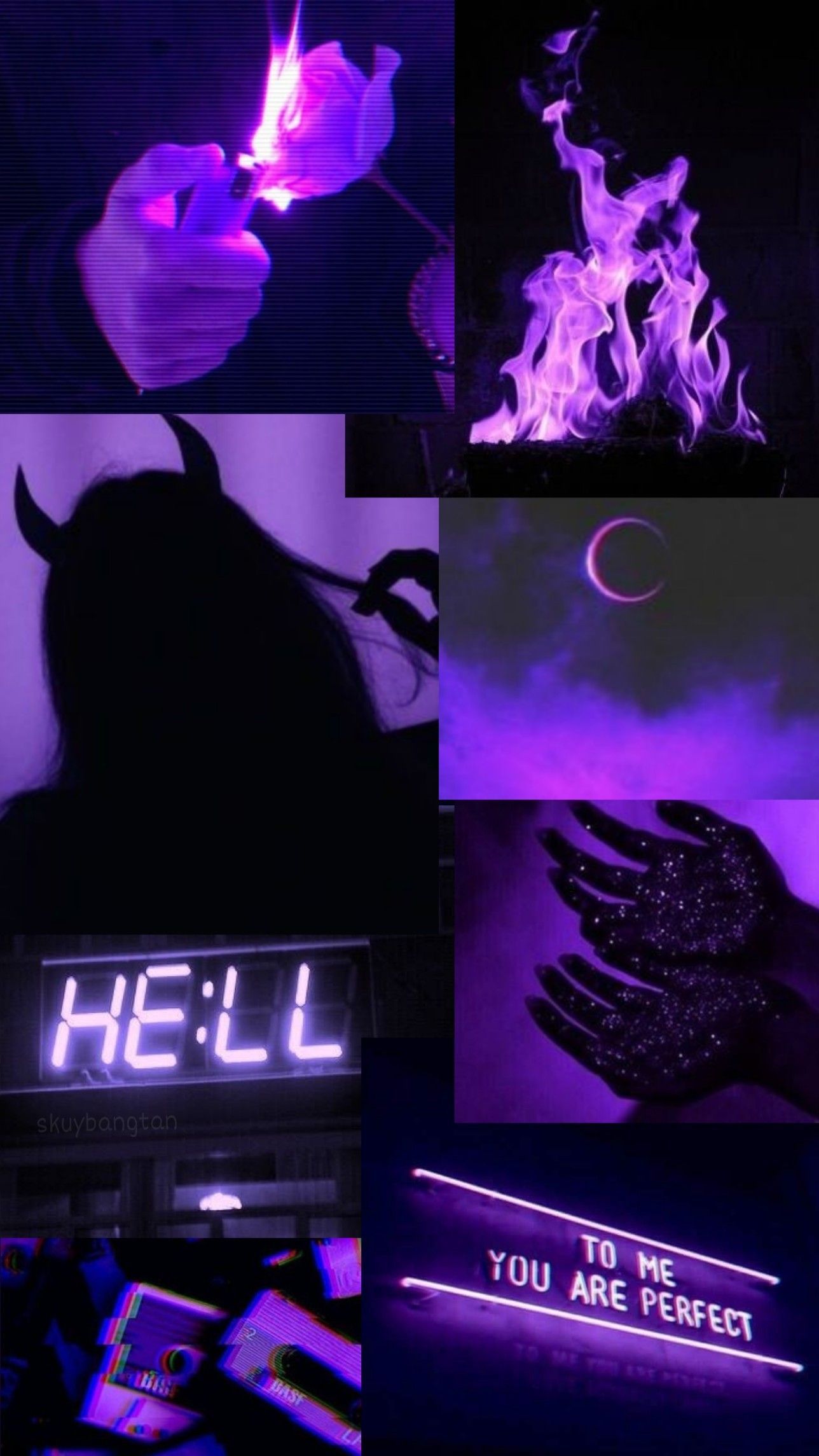 Hell, Collage, Neonlila, Ästhetik, Flammen, Hochformat, Hintergrundbild fürs Smartphone
