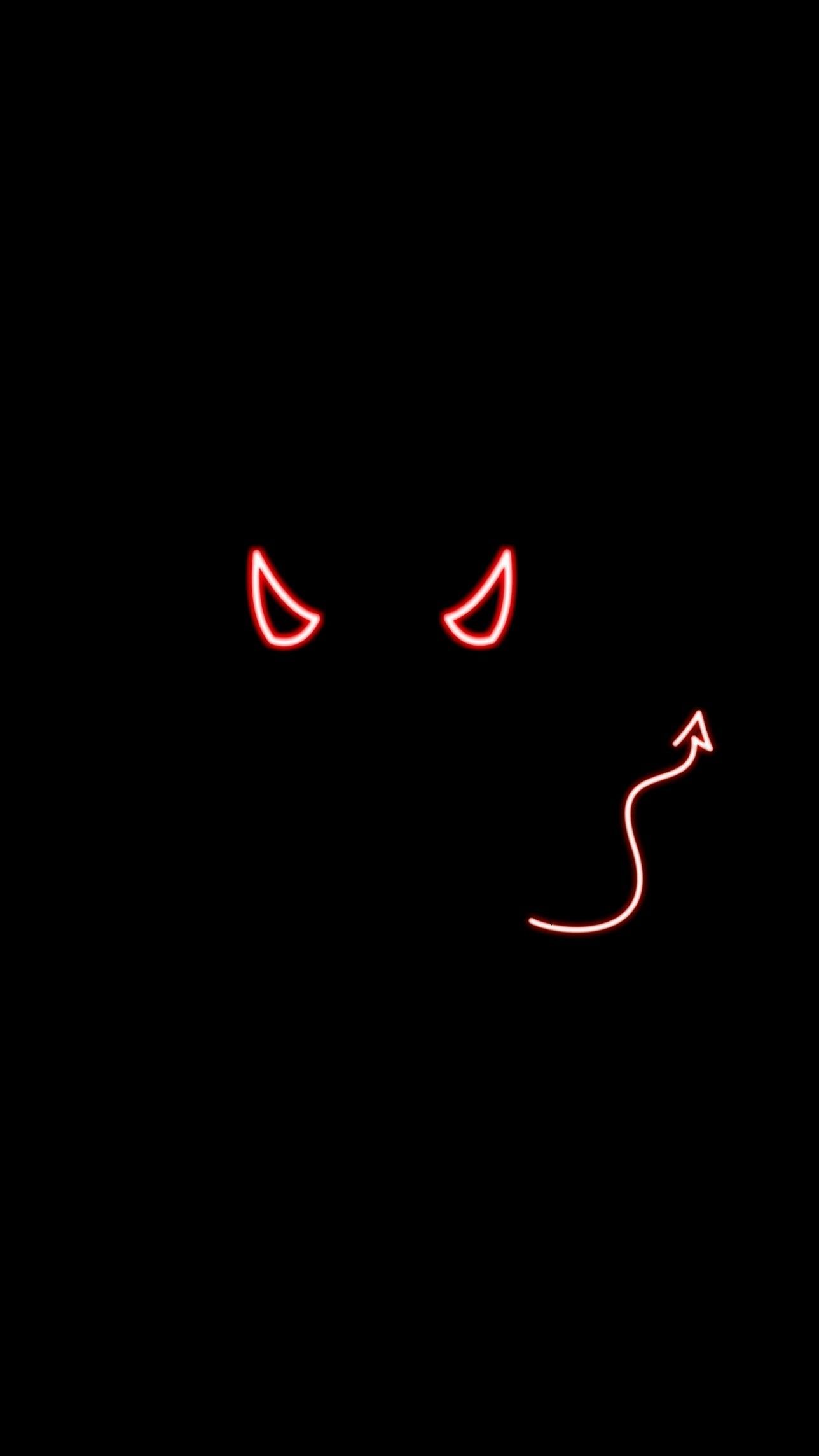 Teufelsaugen, Teufelsschwanz, Neonlinien, Schwarzer Hintergrund, Minimalismus, Sperrbildschirm