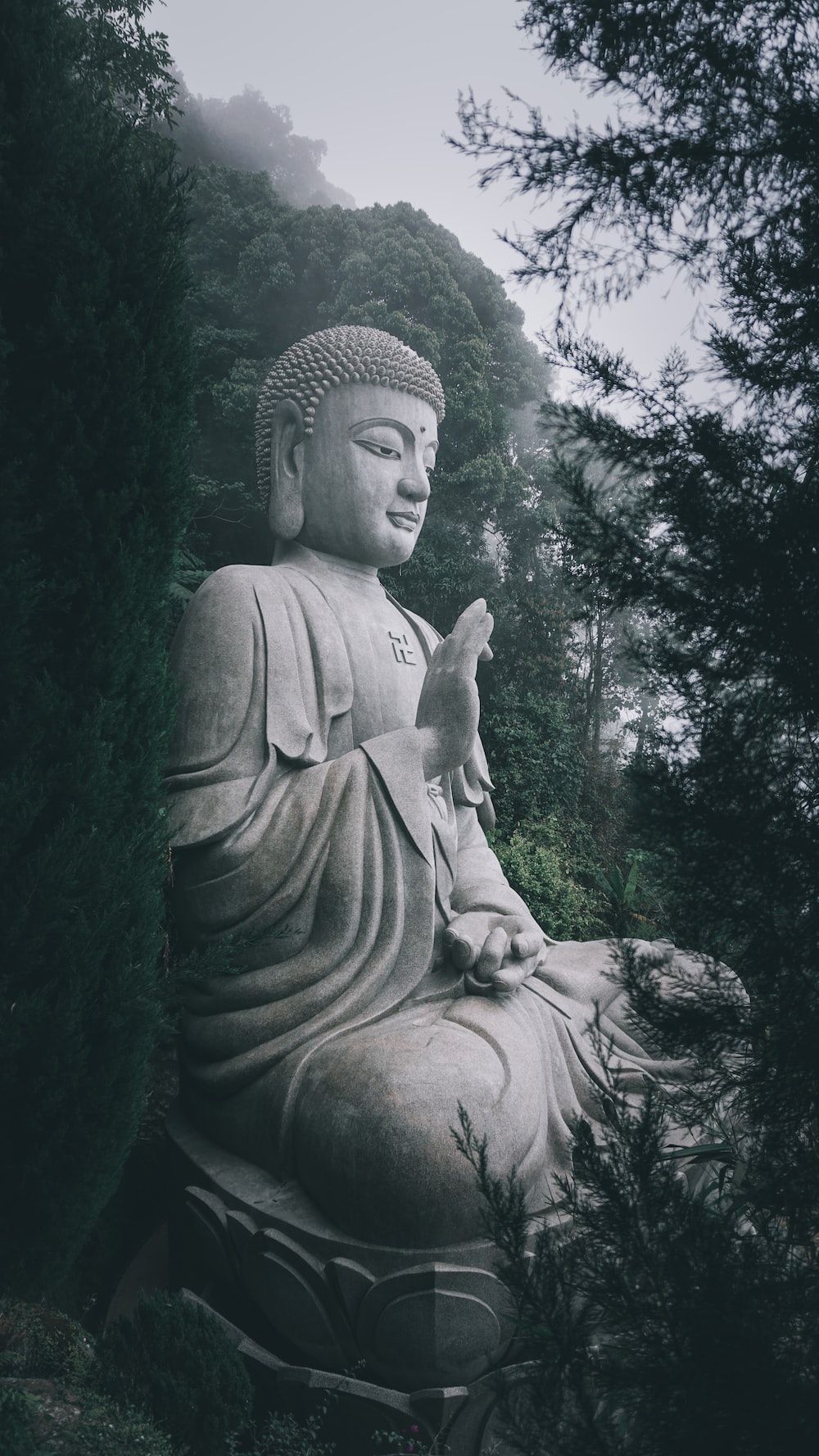 Steinerner Buddha, Wald, Schwarzweiß, Monument, Bäume, HD, Handy-Hintergrund im Hochformat