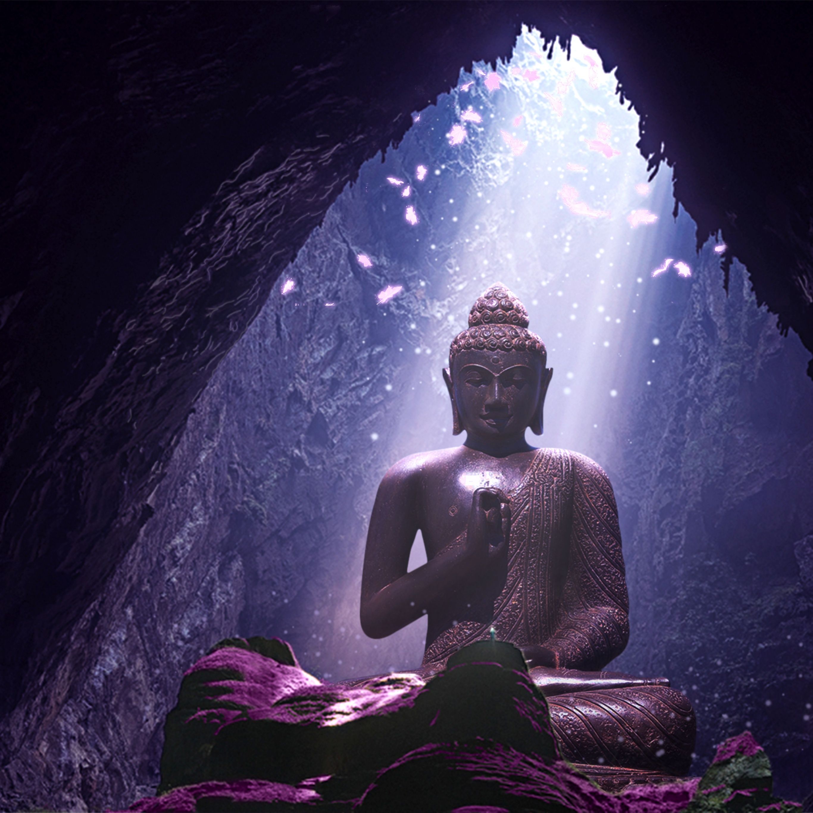 Buddha, Höhle, Lichtstrahlen, Fantasy, Lila Töne, 2K, iPad-Hintergrundbild