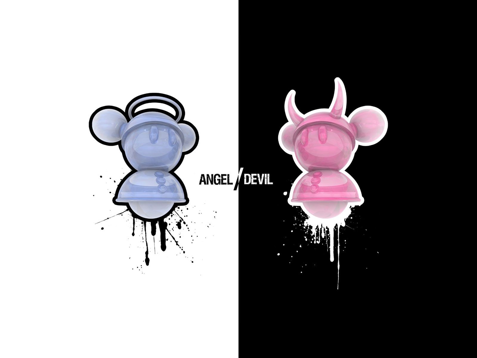 Angel / Devil, Engel und Teufel, Figuren, Heiligenschein, Hörner, Rosa, HD, iPad-Hintergrundbild
