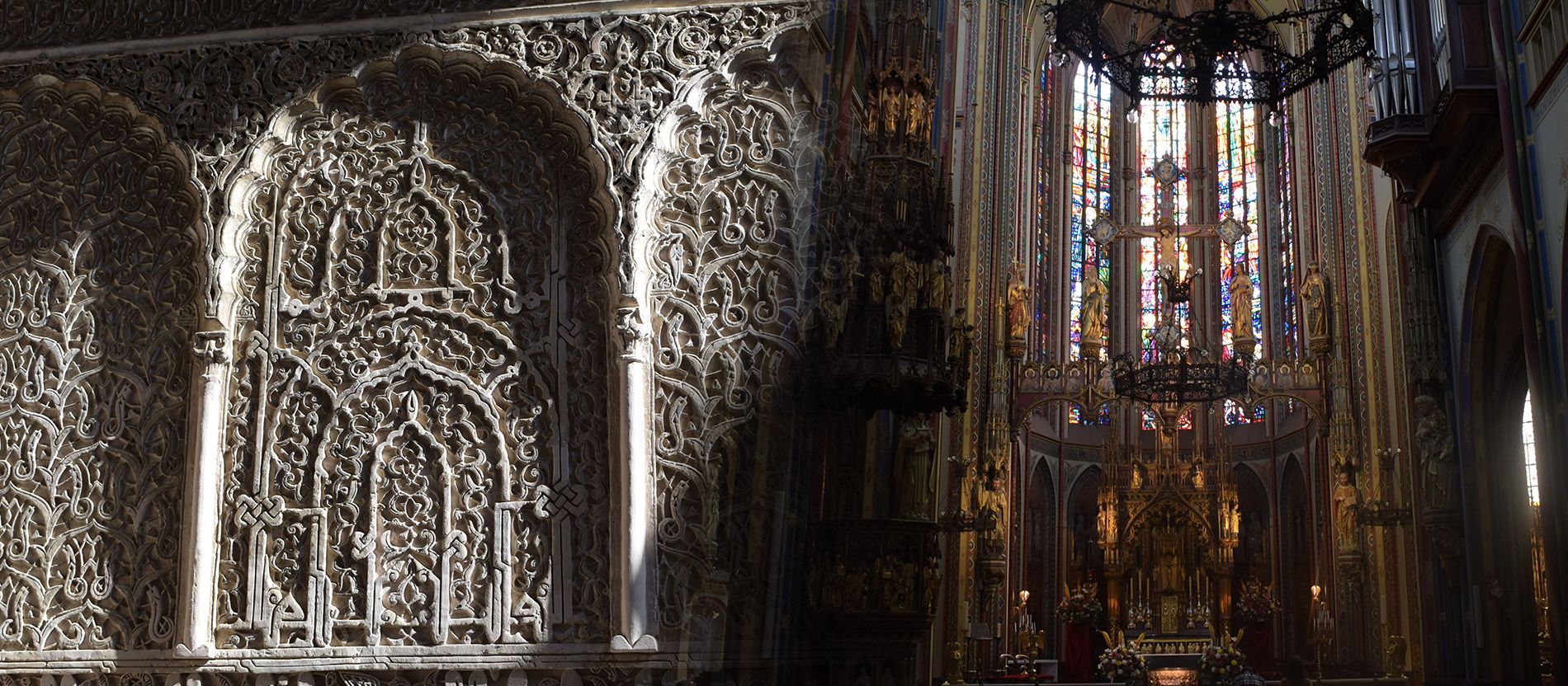 Gotische Kathedrale, Steinmetzarbeit, Buntglasfenster, Kircheninneres, Ornamente, HD-Hintergrundbild