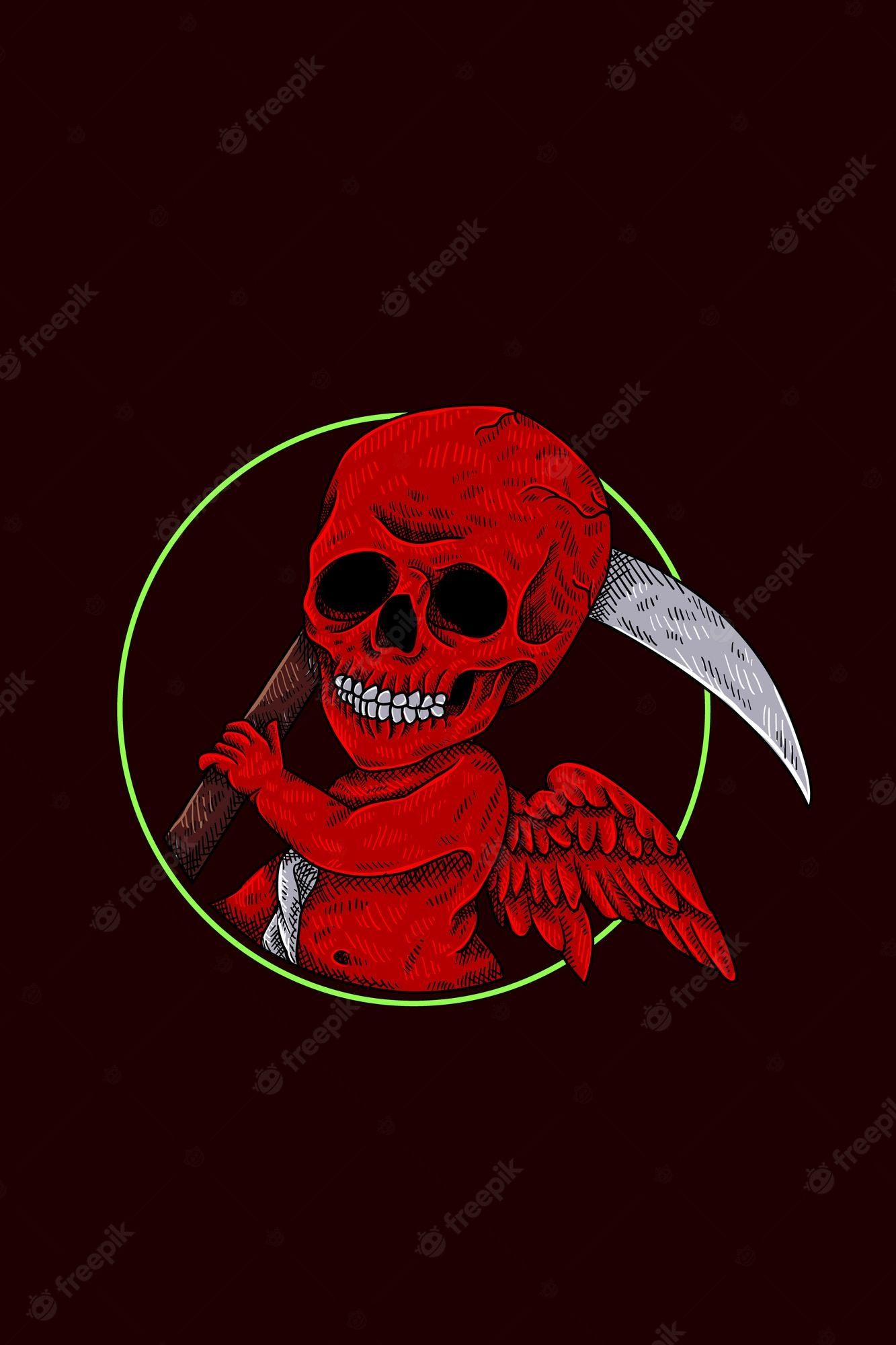 Sensenmann, Totenschädel, Sense, Rot, Illustration, Full HD, Hintergrundbild fürs Handy