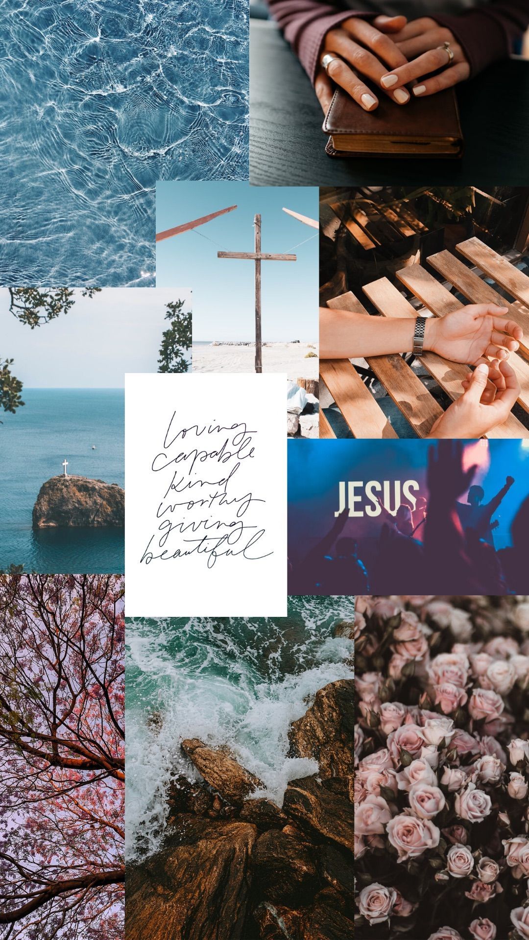 Collage, Kreuz, Bibelzitat, Blumen, Blaue Ästhetik, Full HD, Hintergrundbild fürs Handy