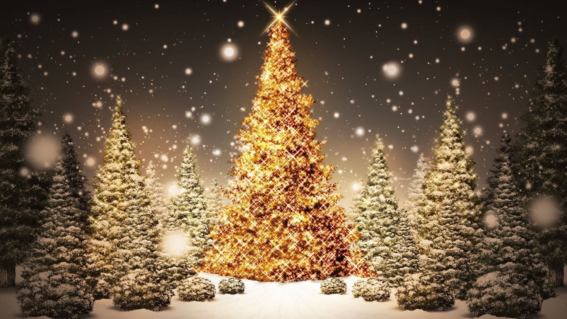 Weihnachtsbaum, Goldene Lichter, Tannenwald, Schneefall, Bokeh, Full-HD-Hintergrundbild für PC