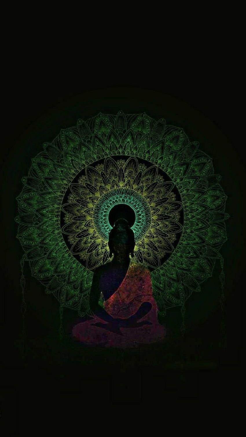 Meditierende Figur, Mandala, Dunkler Hintergrund, Spirituell, Grüne Töne, Sperrbildschirm fürs iPhone