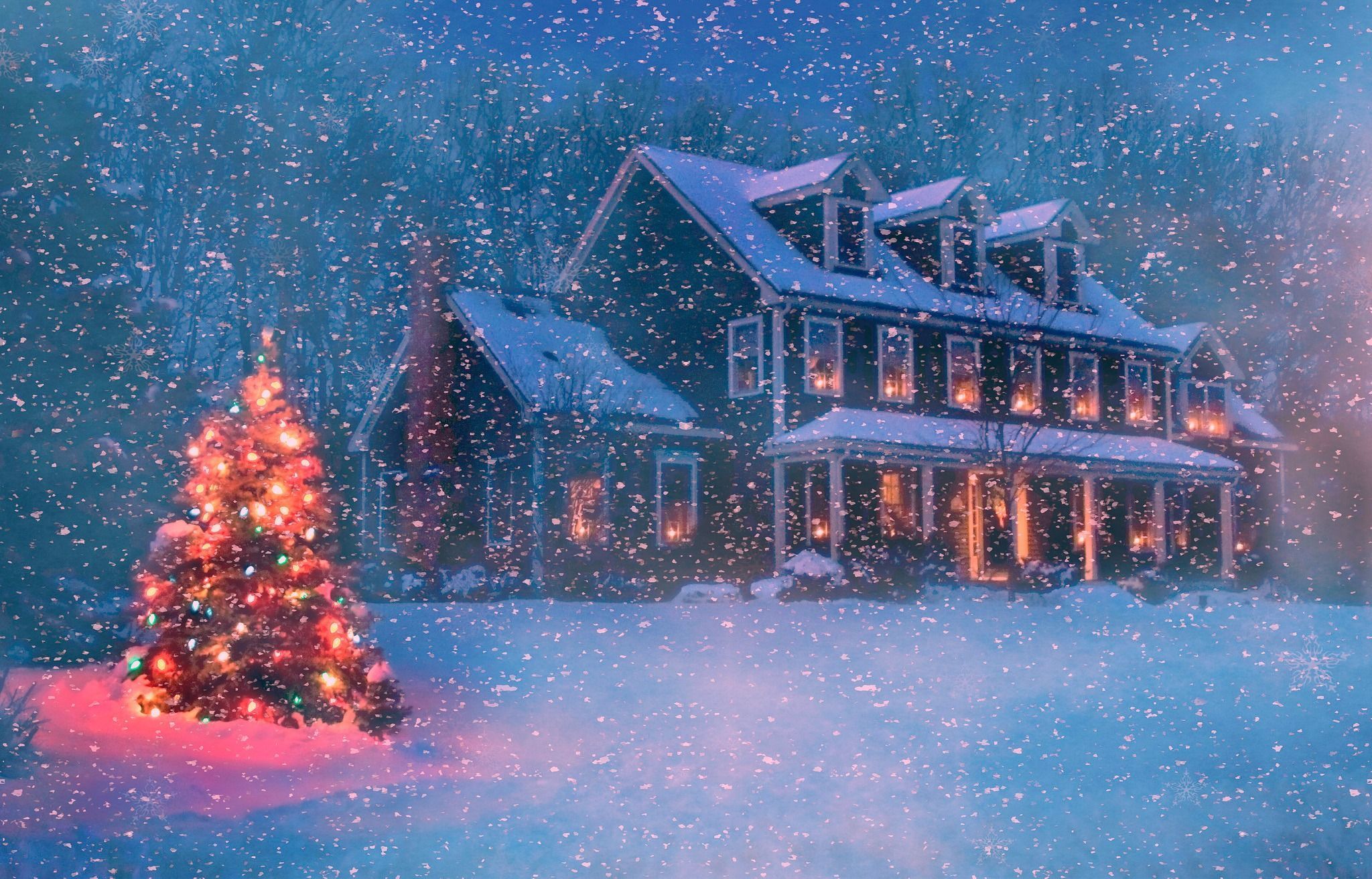 Weihnachtsbaum, Landhaus, Schneefall, Winterabend, Lichterkette, Full HD, PC-Hintergrundbild