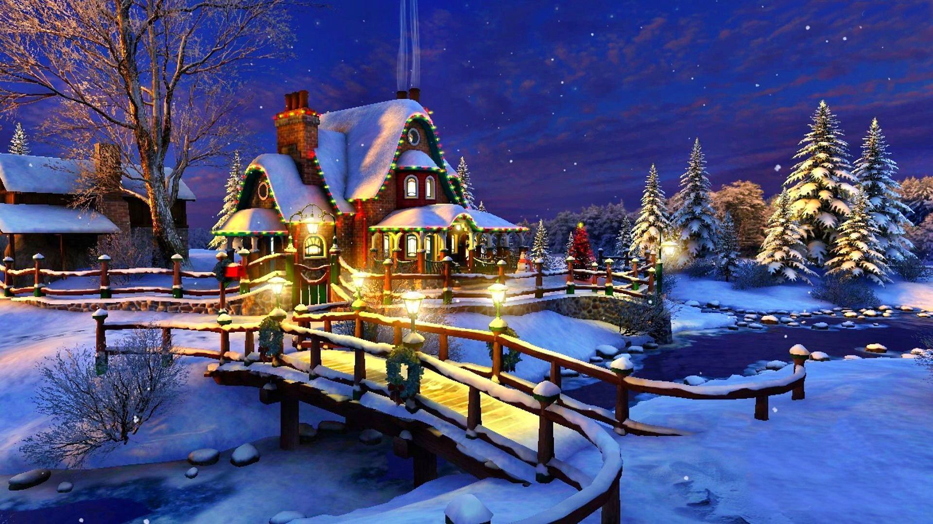 Winterdorf, Holzbrücke, Verschneite Häuser, Weihnachtsbeleuchtung, Nacht, Full HD, Windows-Hintergrundbild