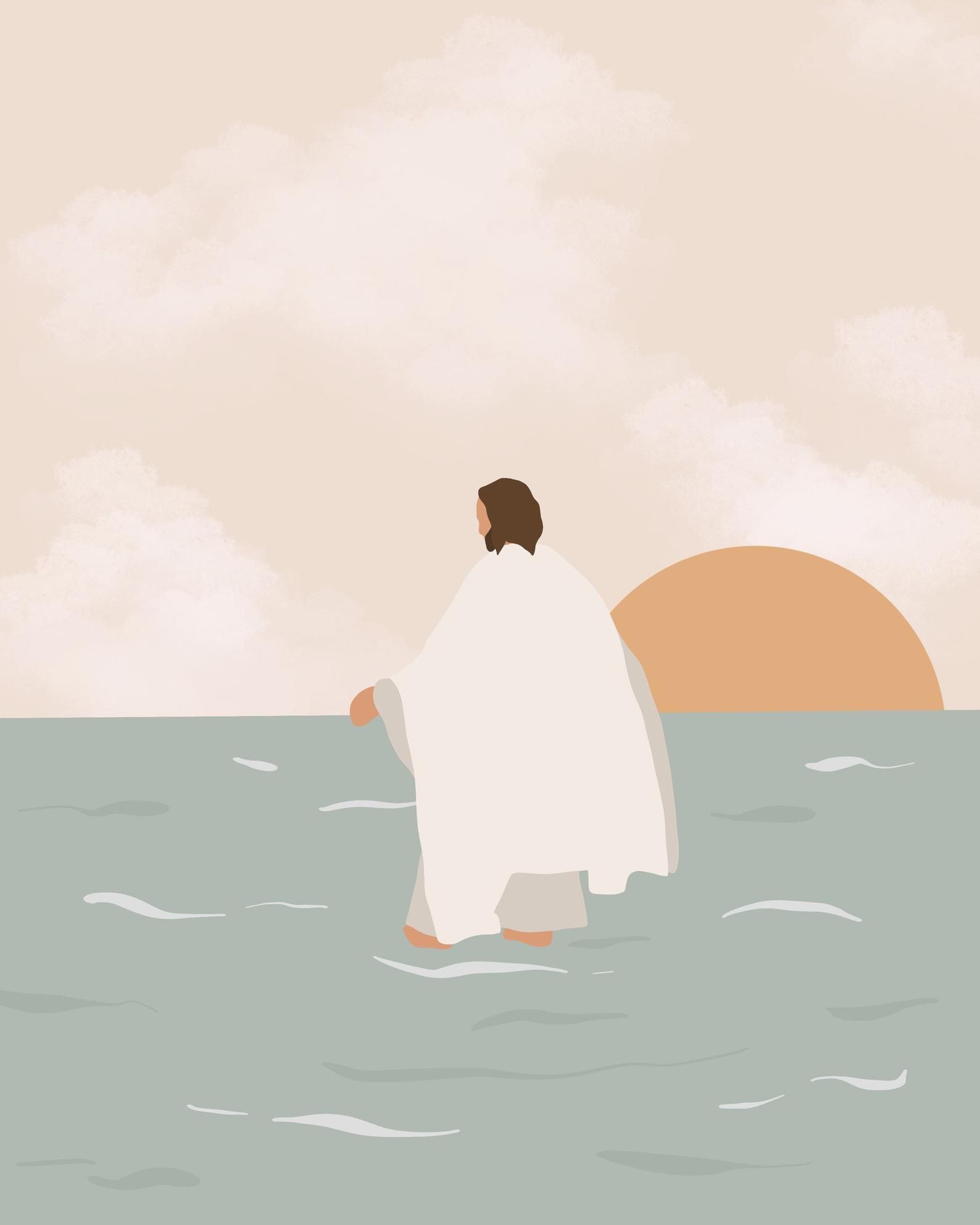 Jesus, Auf dem Wasser gehen, Illustration, Sonne, Meer, Pastellfarben, QHD+, Tablet-Hintergrund