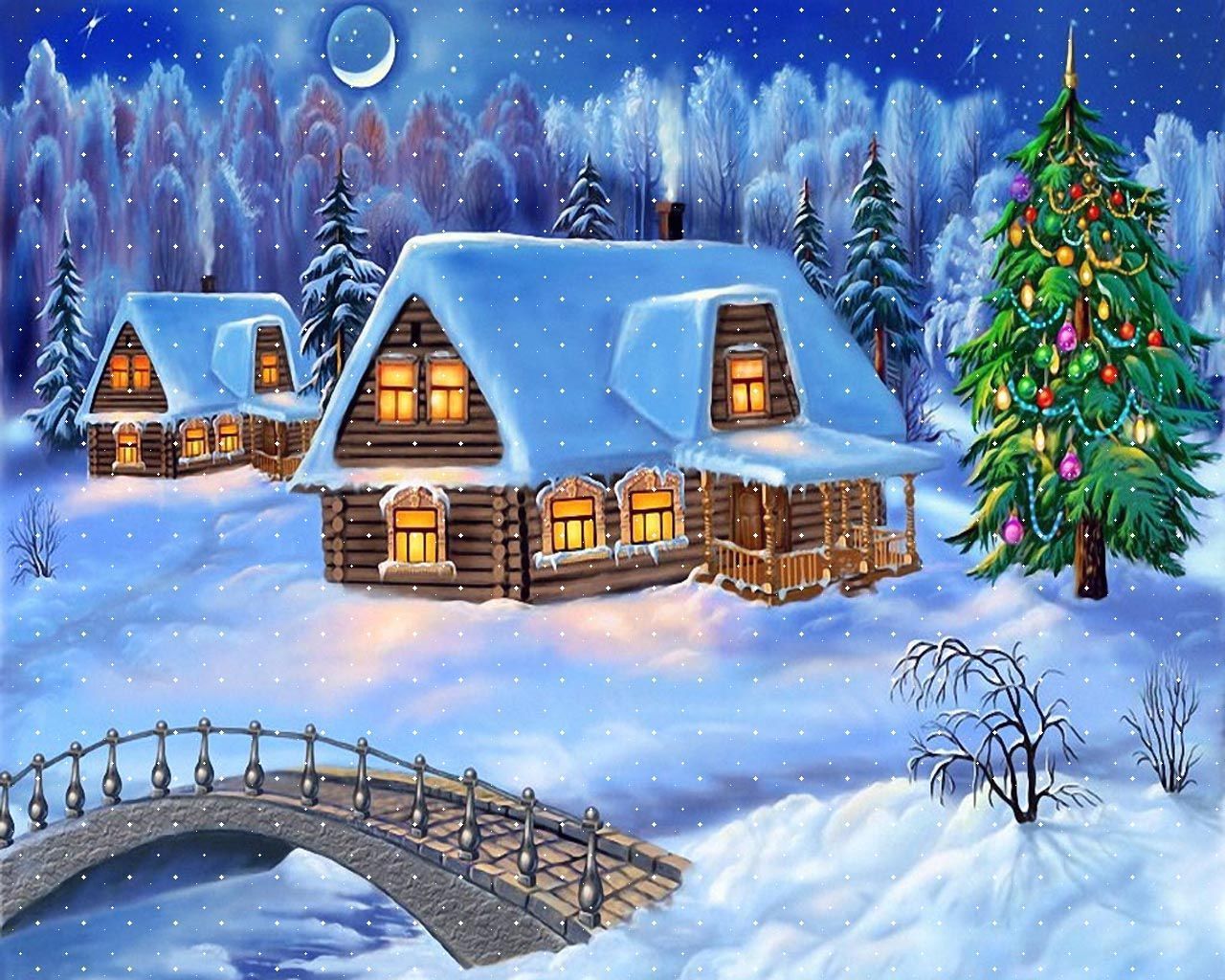 Winterhäuschen, Weihnachtsbaum, Steinbrücke, Schnee, Illustration, HD, Desktop-Hintergrund