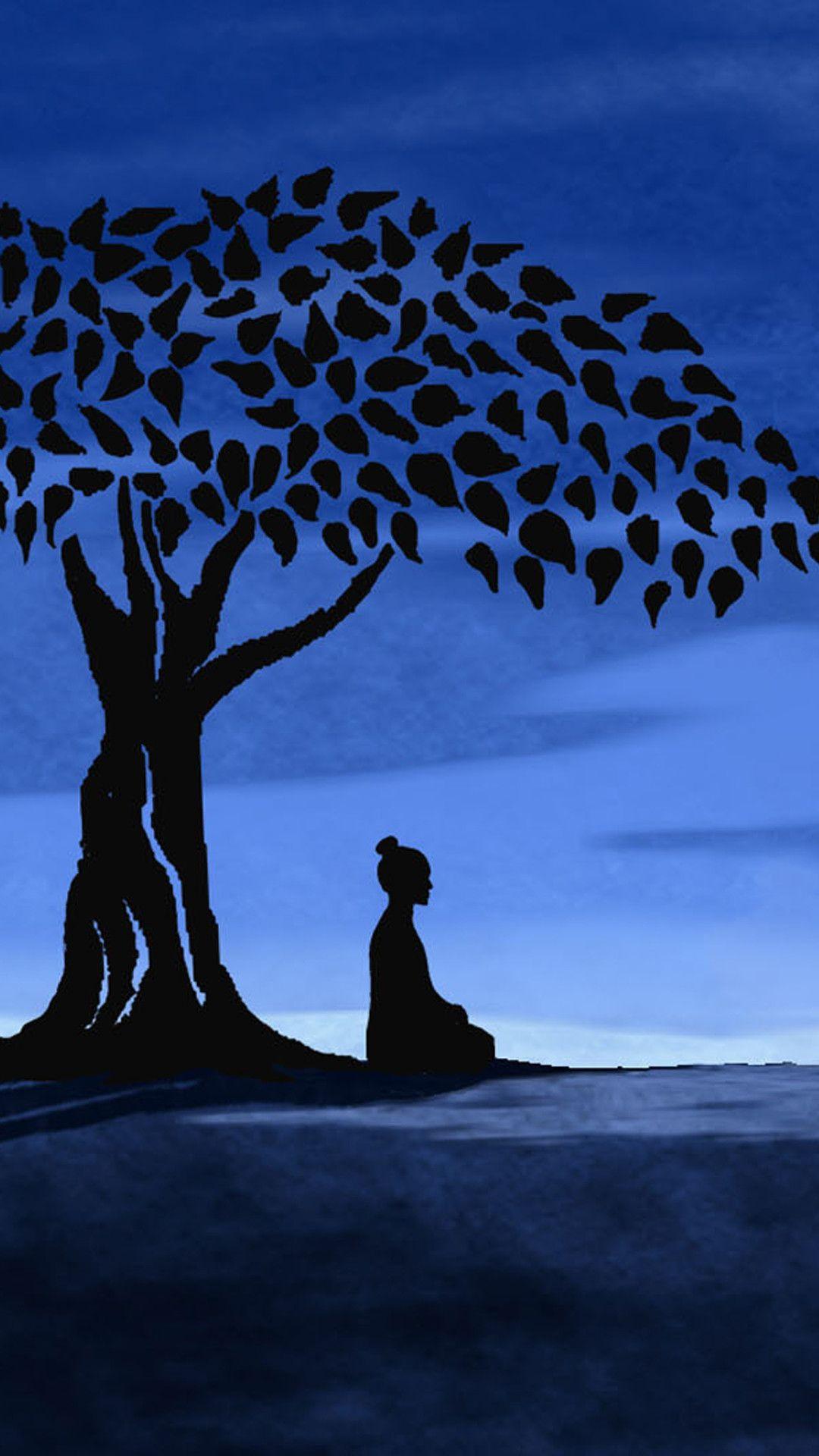Buddha, Bodhi-Baum, Silhouette, Meditation, Blaue Töne, Hintergrundbild für iPhone und Android