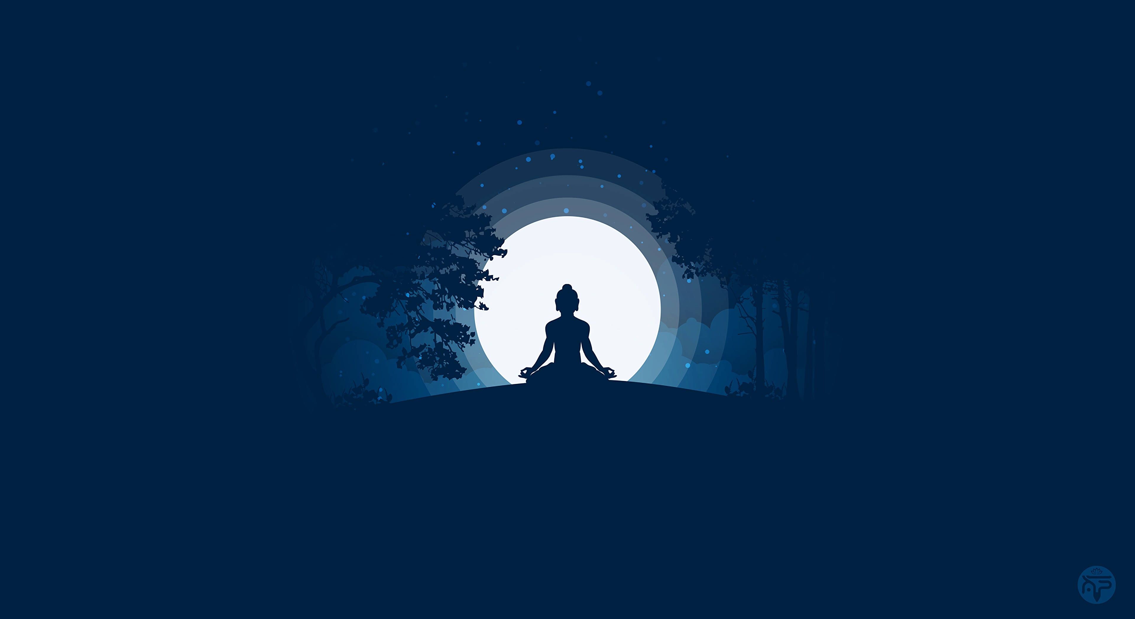 Meditierende Silhouette, Vollmond, Nacht, Minimalismus, Dunkelblaue Töne, 4K-Hintergrundbild für PC