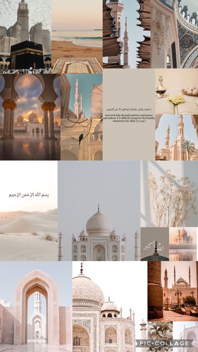 Collage, Taj Mahal, Moscheen, Kaaba, Beige Ästhetik, Hochformat, Hintergrundbild fürs Smartphone