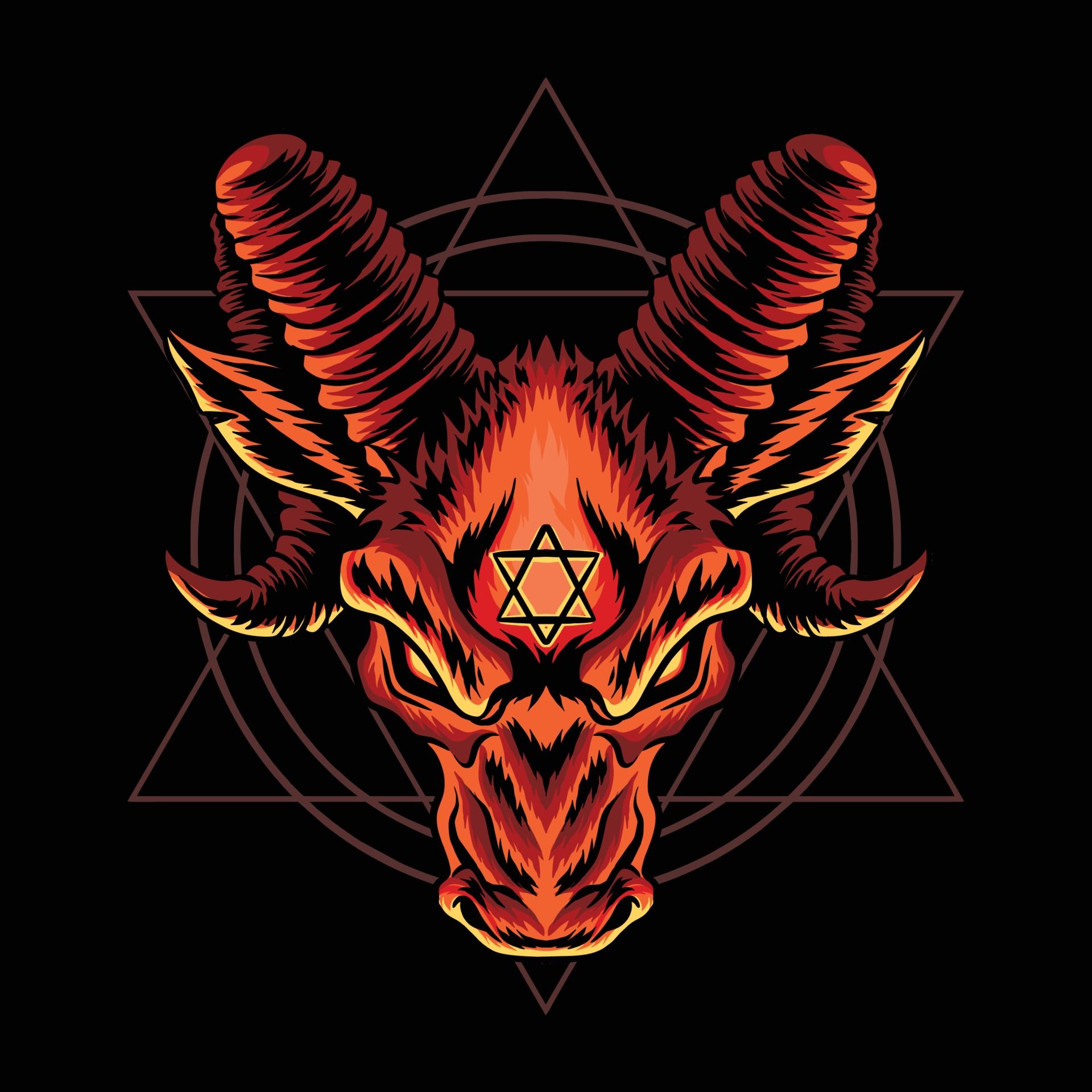 Baphomet, Widderhörner, Hexagramm, Okkult, Orange, Illustration, Hintergrundbild fürs iPad