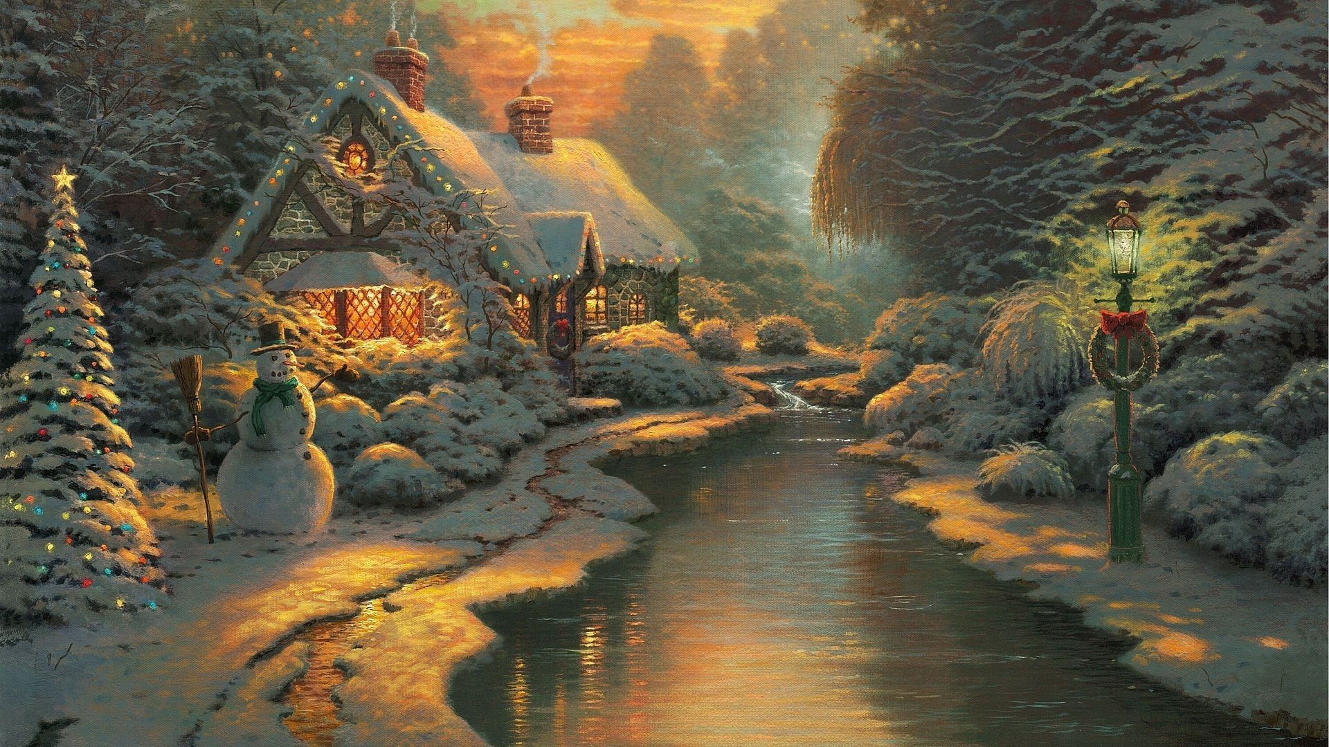 Thomas Kinkade, Winterdorf, Schneemann, Bach, Gemälde, Abendlicht, 1920x1080, PC-Hintergrundbild