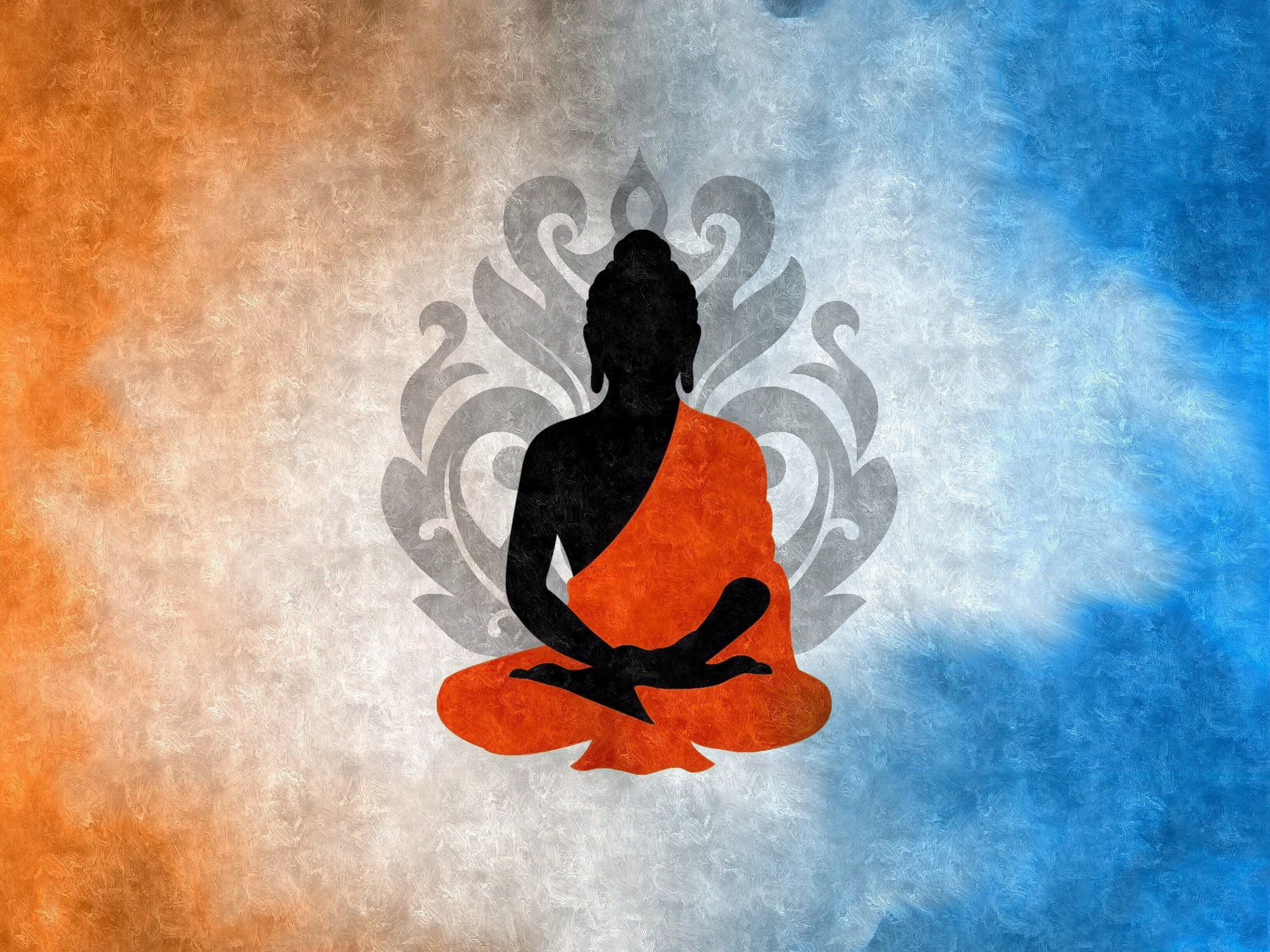 Mönch, Silhouette, Orange Robe, Ornament, Orange-blaue Töne, Hintergrundbild fürs iPad
