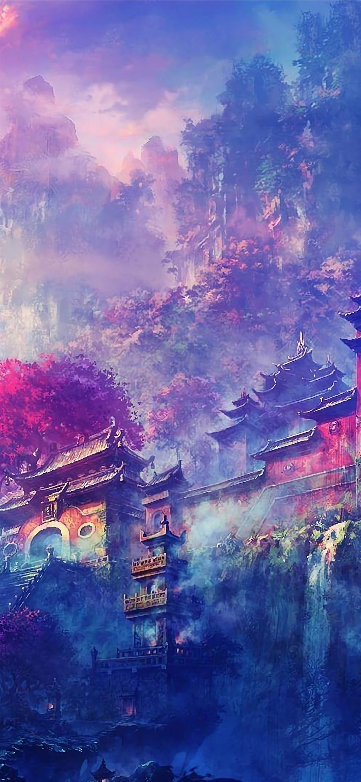 Tempel, Fantasielandschaft, Digitale Kunst, Lila Töne, Nebel, Hintergrundbild fürs Handy