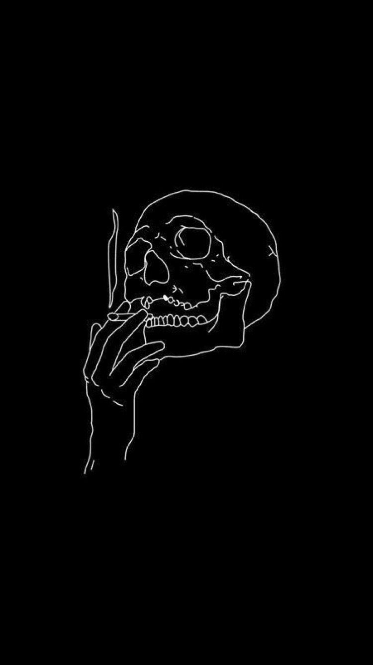 Totenschädel, Hand, Linienkunst, Schwarzer Hintergrund, Minimalismus, Sperrbildschirm fürs iPhone