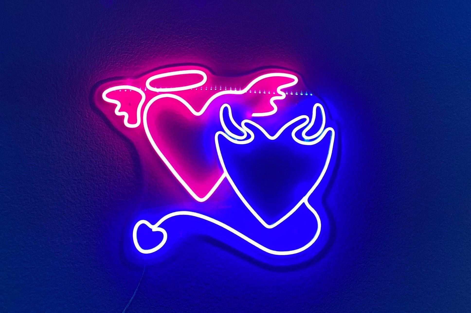 Neonherzen, Engel und Teufel, Heiligenschein, Teufelsschwanz, Pink, Blau, Full HD, Desktop-Hintergrund