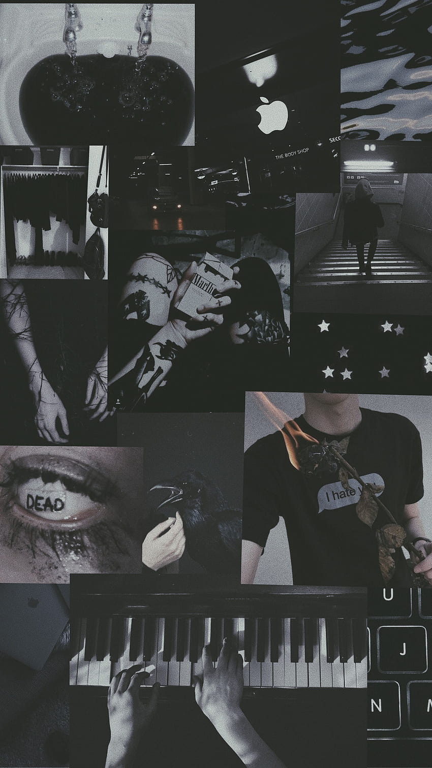 Collage, Schwarz-Weiß, Dunkle Ästhetik, Klavier, Grunge, Hintergrundbild fürs Handy