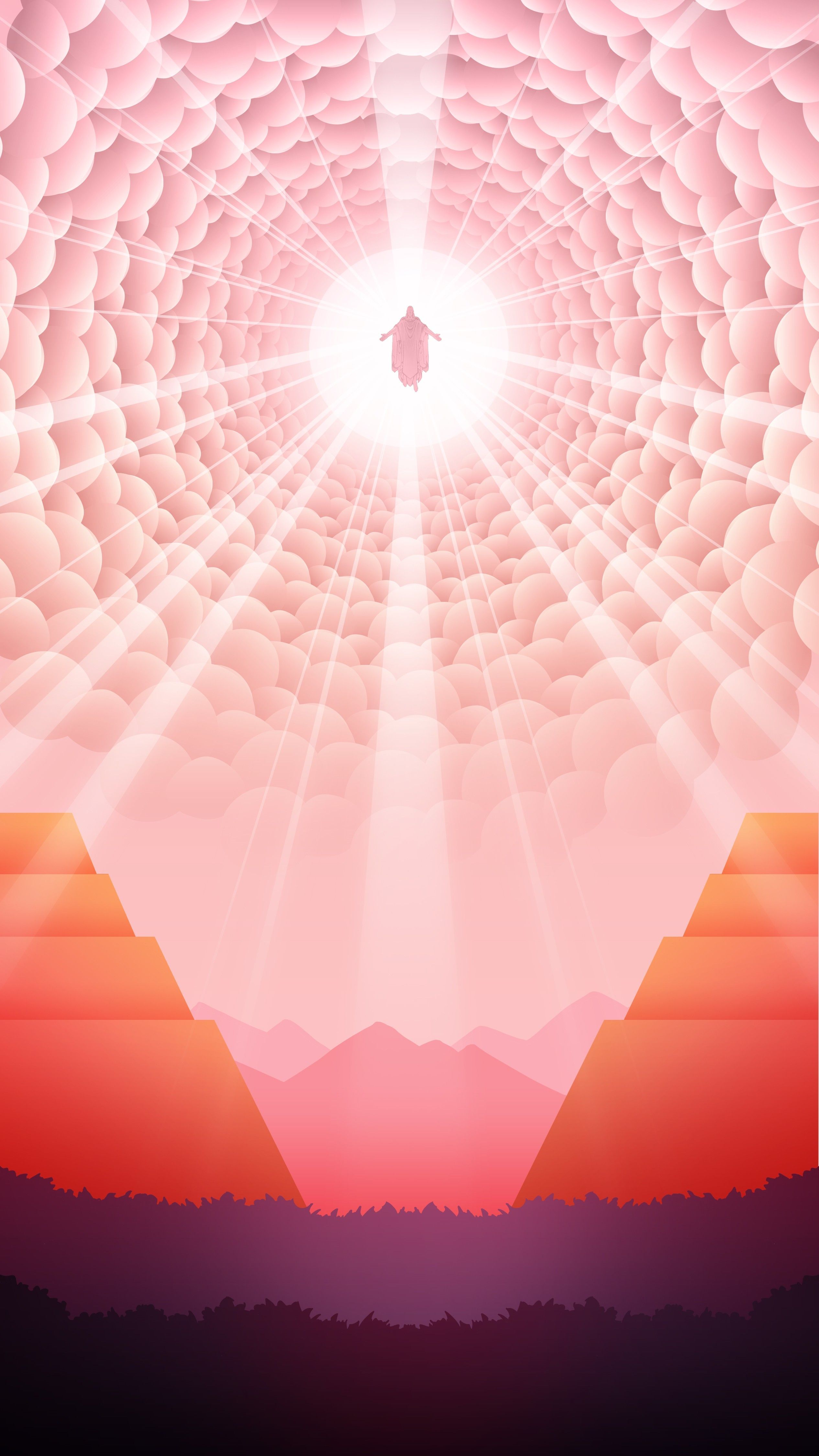 Kreuz, Strahlen, Licht, Berge, Rosa, Surreal, QHD+, Handy-Hintergrund im Hochformat