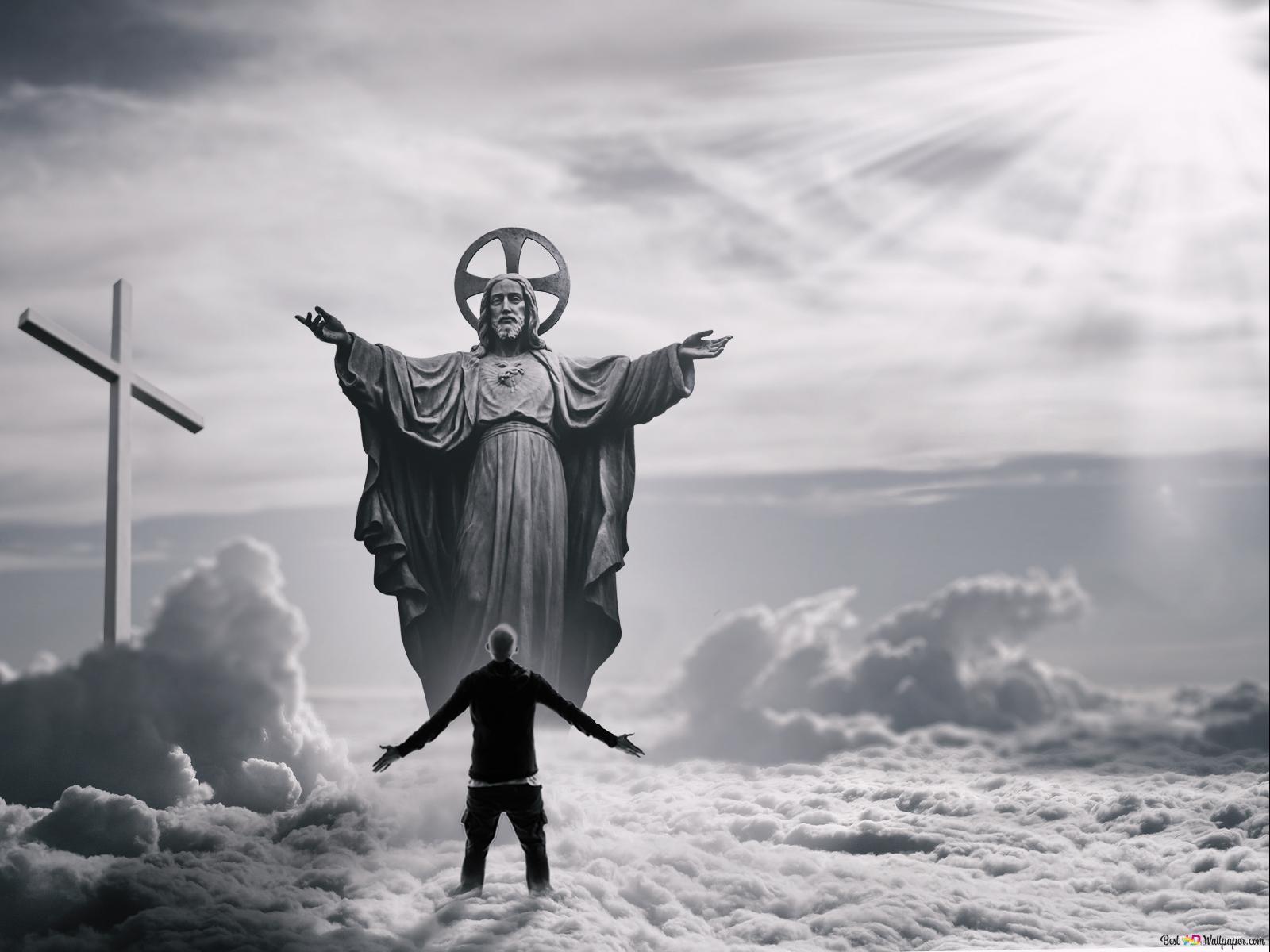 Jesus Christus, Kreuz, Wolken, Himmel, Schwarz-Weiß, Lichtstrahlen, HD, Tablet-Hintergrund