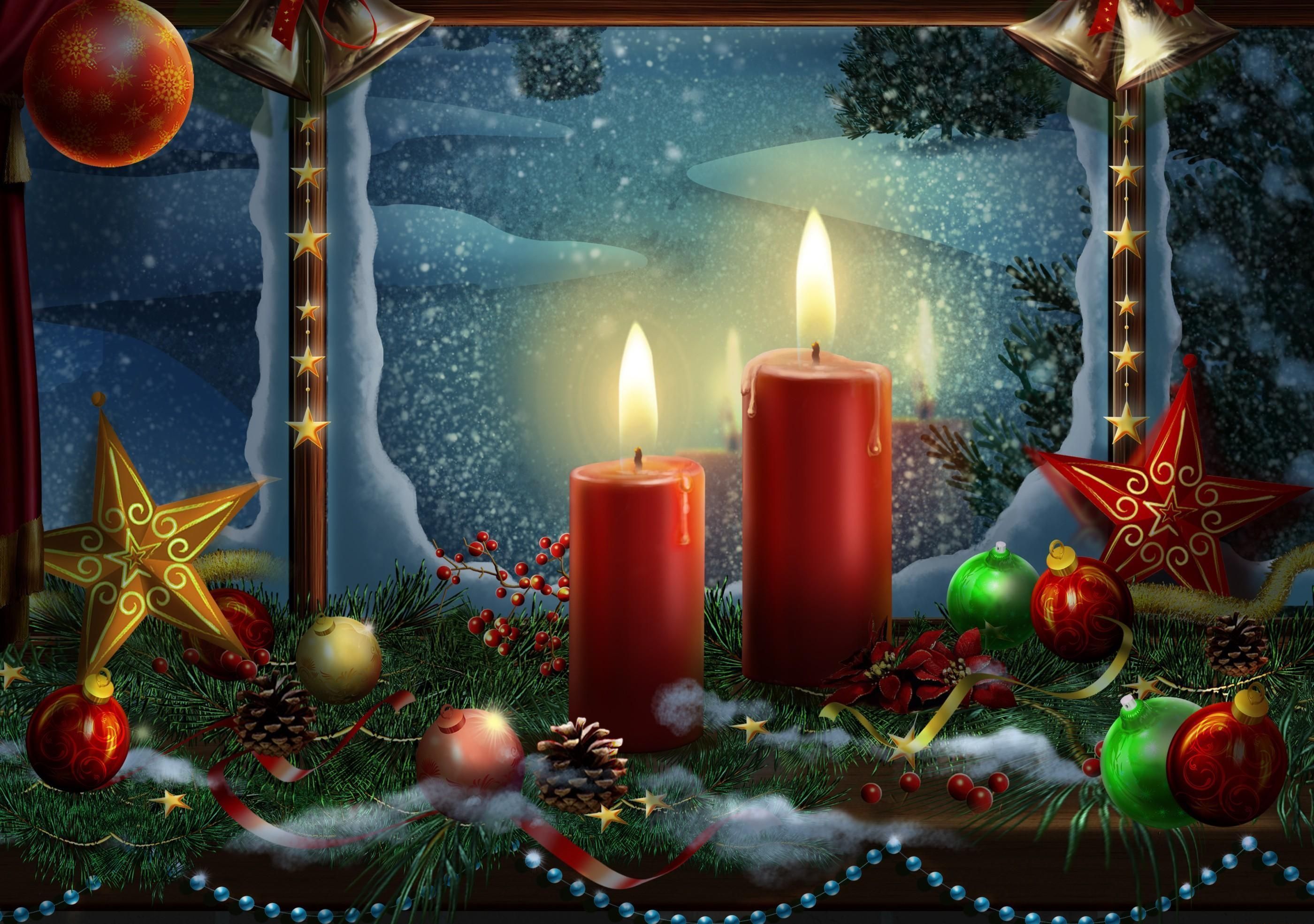 Kerzen, Adventskranz, Christbaumkugeln, Weihnachtsstern, Nacht, 2K, Desktop-Hintergrund