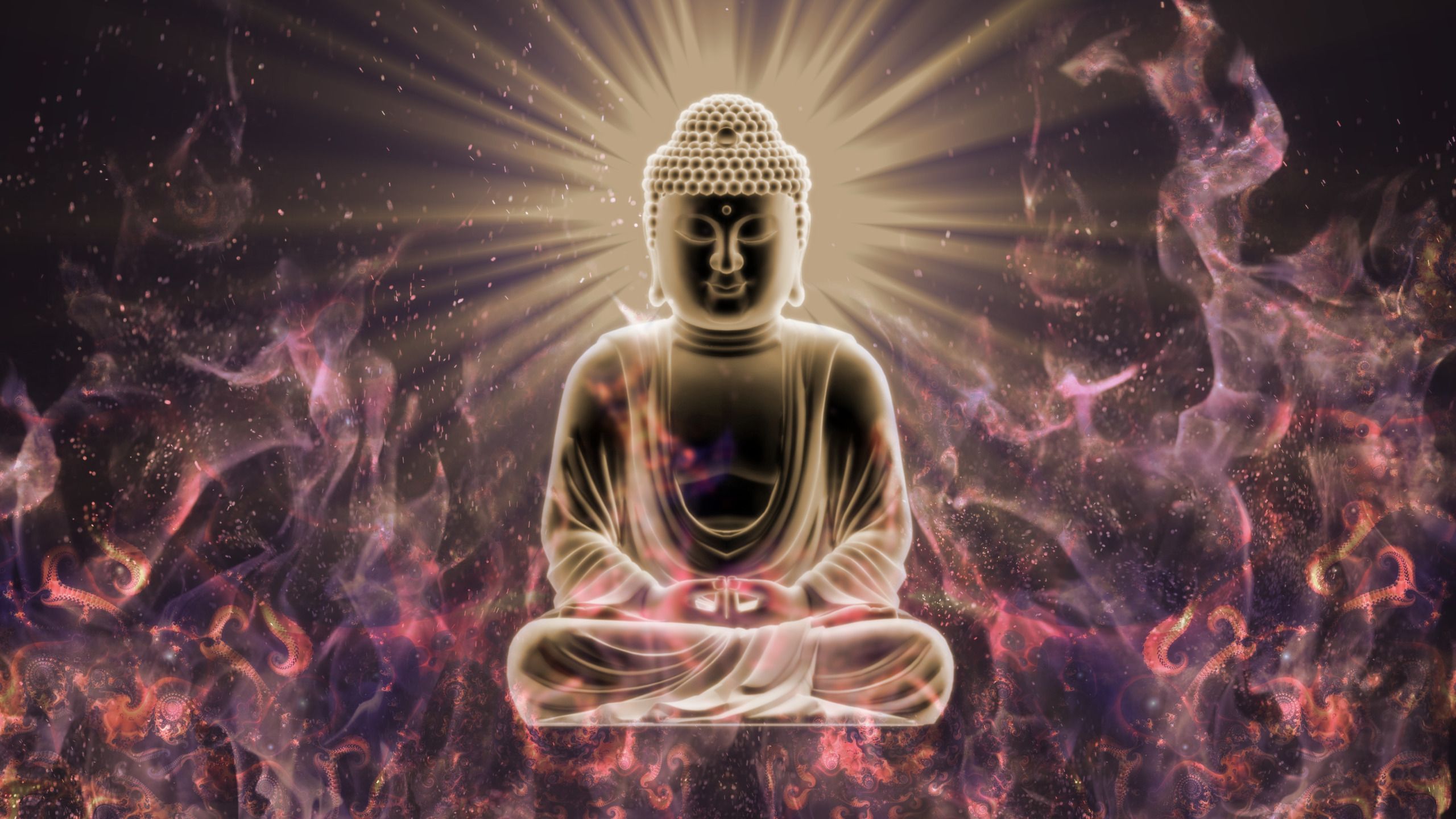 Buddha, Strahlenkranz, Rauch, Digitale Kunst, Lila Töne, 2K, PC-Hintergrundbild