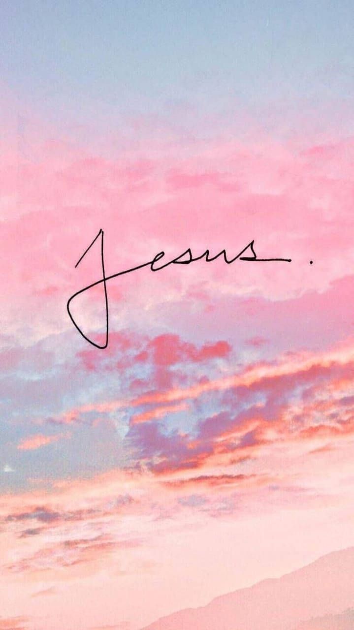 Jesus, Schriftzug, Rosa Wolken, Sonnenuntergang, Pastellhimmel, Android-Hintergrundbild