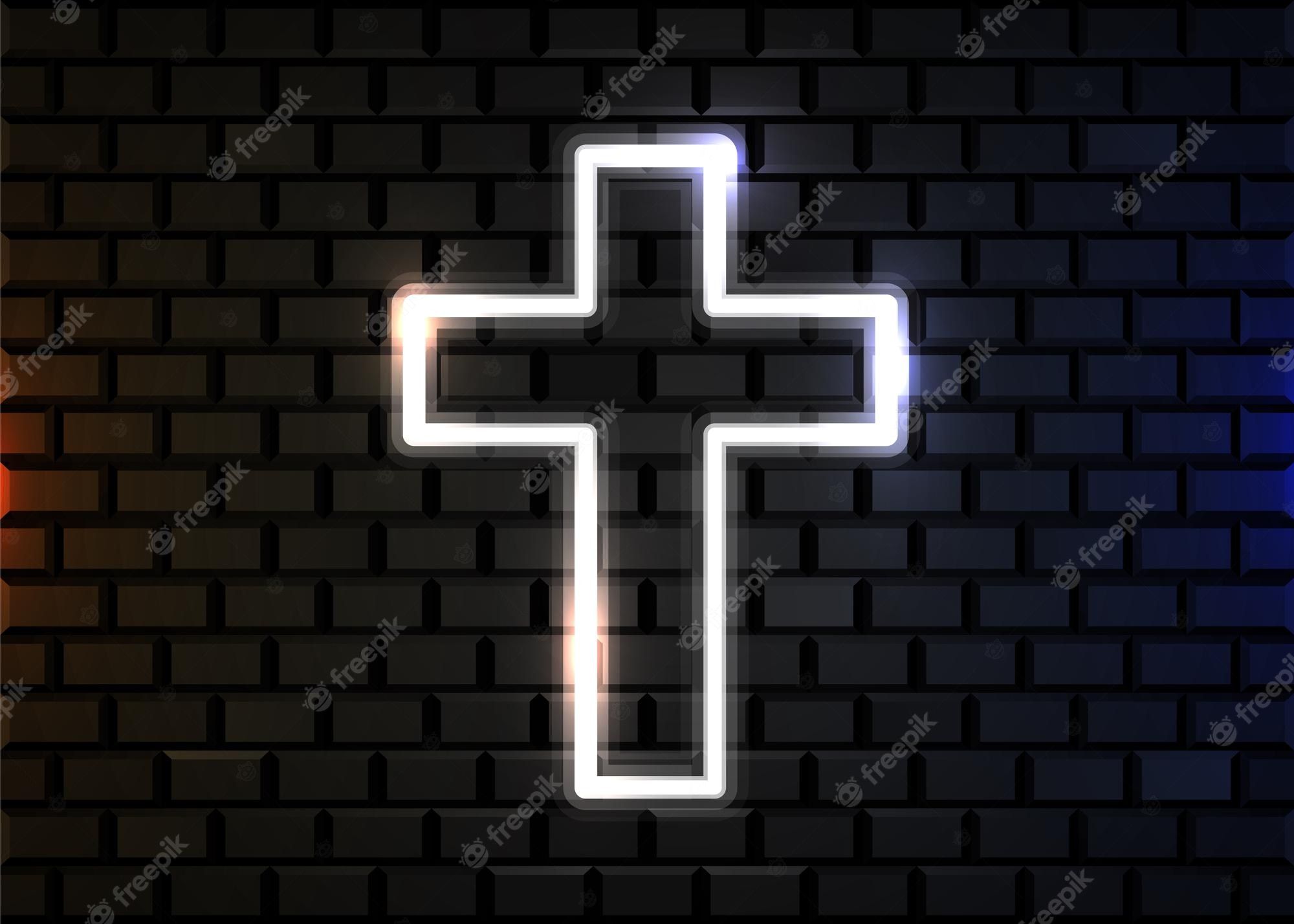 Neonkreuz, Ziegelwand, Leuchten, Dunkel, Weißes Licht, Full HD, Desktop-Hintergrund für Windows