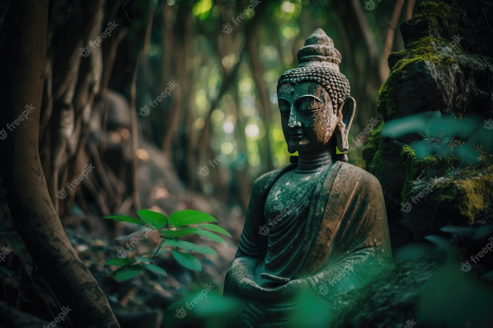 Buddha-Statue, Dschungel, Moos, Meditation, Grüne Töne, Full HD, Desktop-Hintergrund für Windows