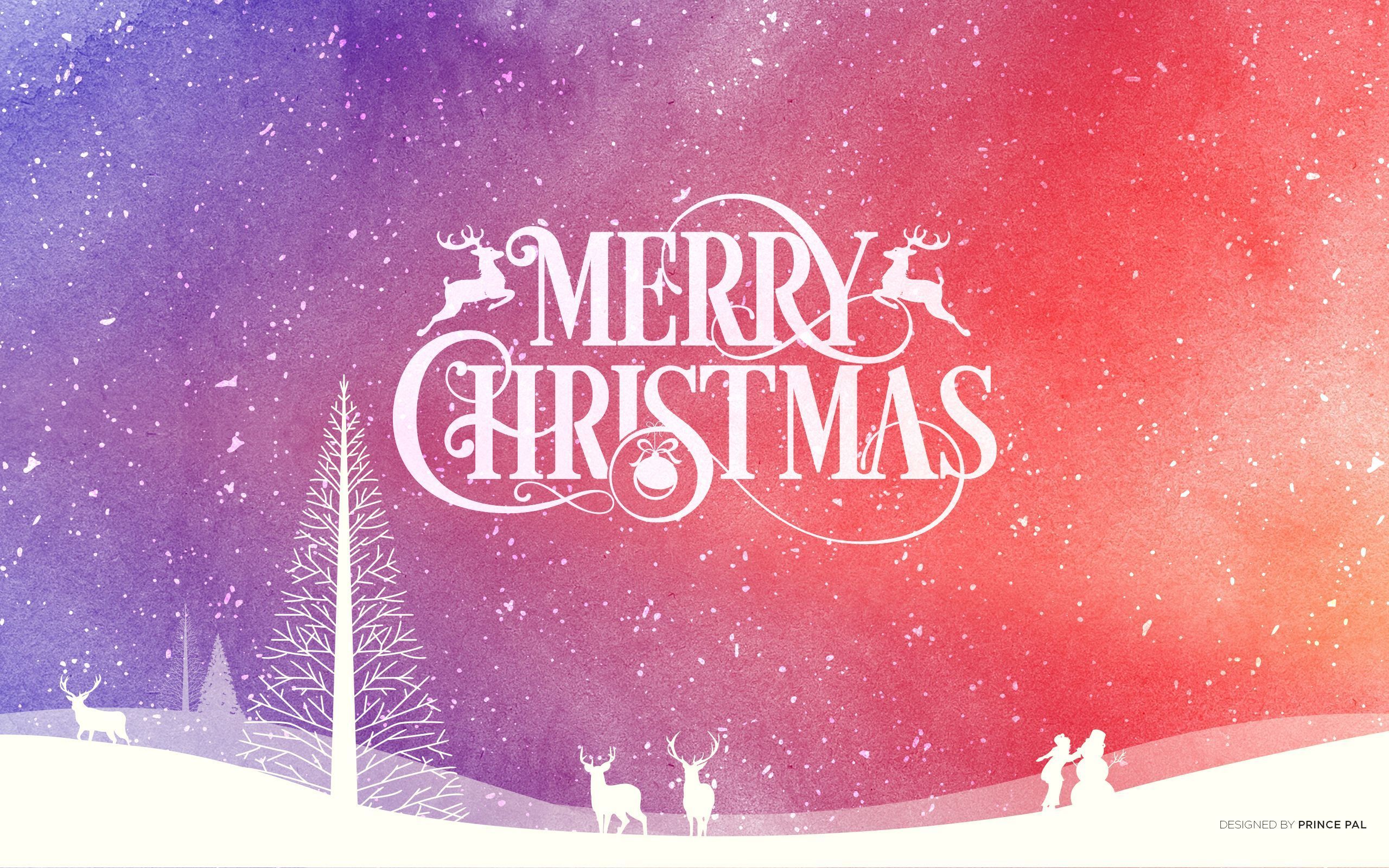 Merry Christmas, Rentiere, Schriftzug, Rosa Himmel, Winter, 2K-Hintergrundbild für PC