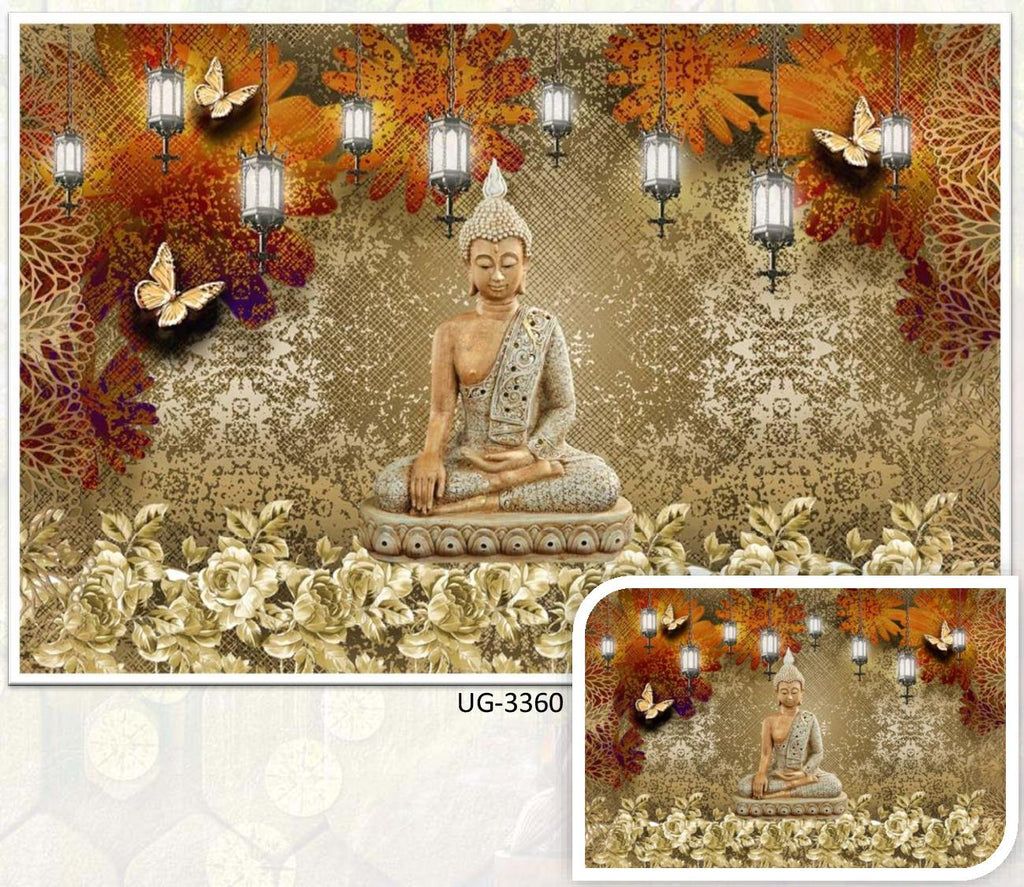 Buddha, Fototapete, Schmetterlinge, Laternen, Goldene Töne, Hintergrund