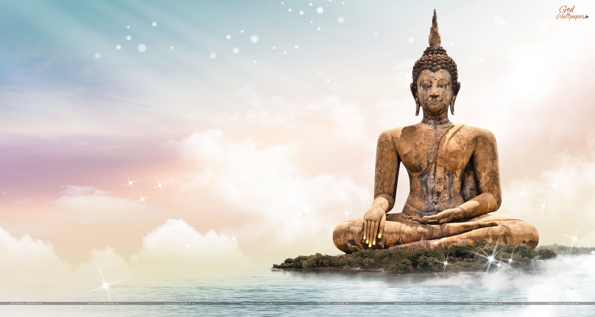 Buddha-Statue, Felsen, Wasser, Wolken, Pastelltöne, Full HD, Desktop-Hintergrund für Windows