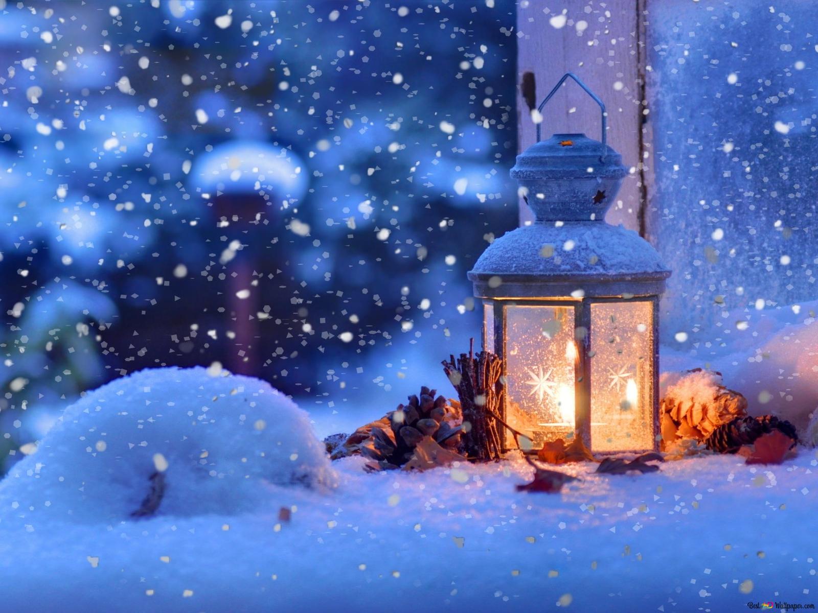 Laterne, Kerze, Schneefall, Winterabend, Bokeh, HD, iPad-Hintergrundbild