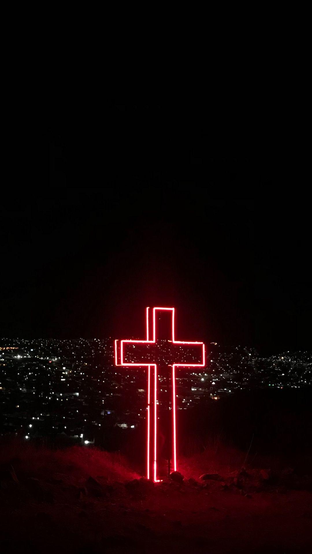 Neonkreuz, Rot, Nacht, Stadtlichter, Dunkel, Full HD, Handy-Hintergrund im Hochformat
