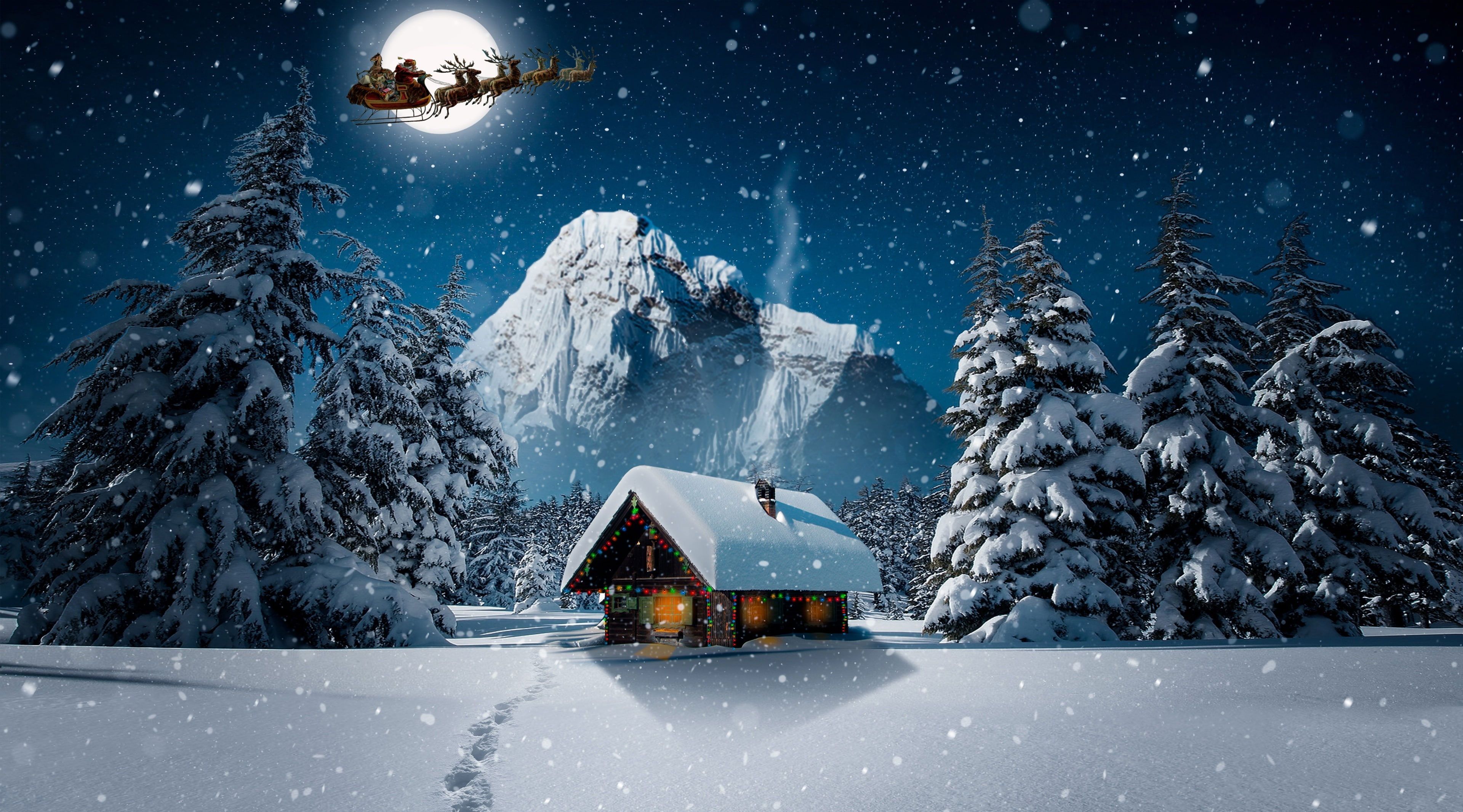 Weihnachtsmann, Rentierschlitten, Vollmond, Berghütte, Verschneiter Wald, Winternacht, Ultra-HD-Hintergrundbild