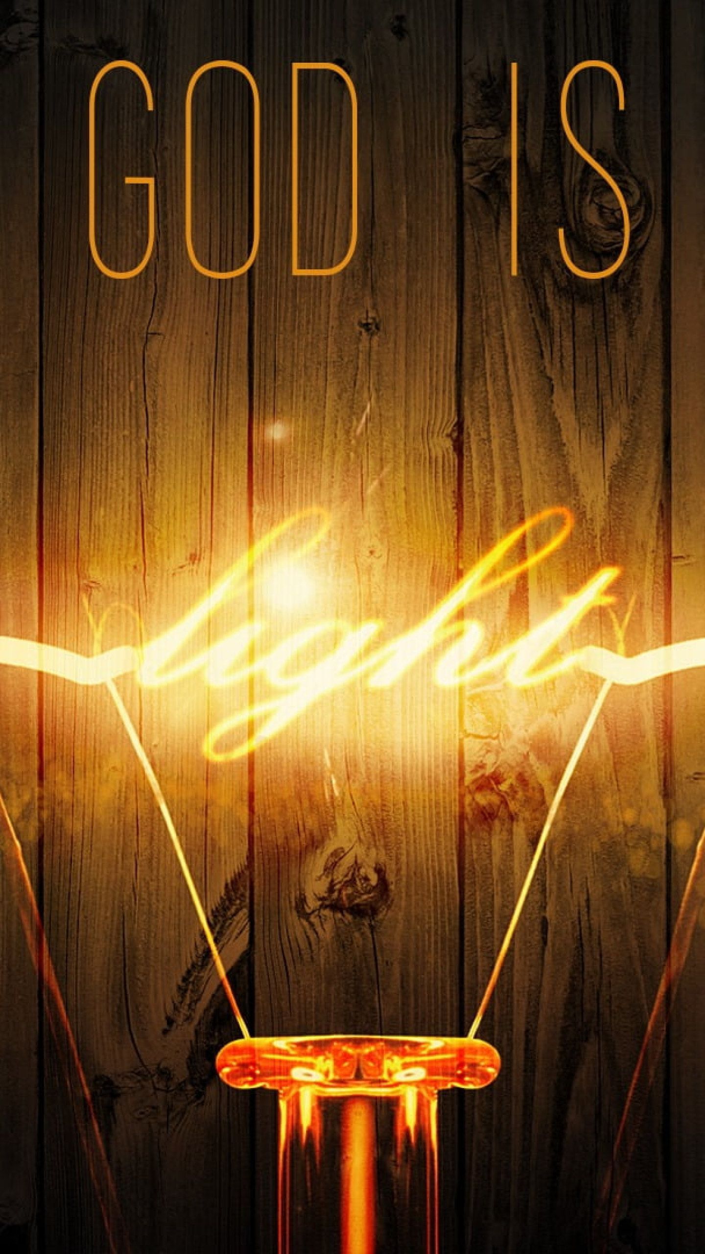 God is light, Neonschrift, Glühbirne, Holz, Gold, QHD+, Sperrbildschirm fürs iPhone