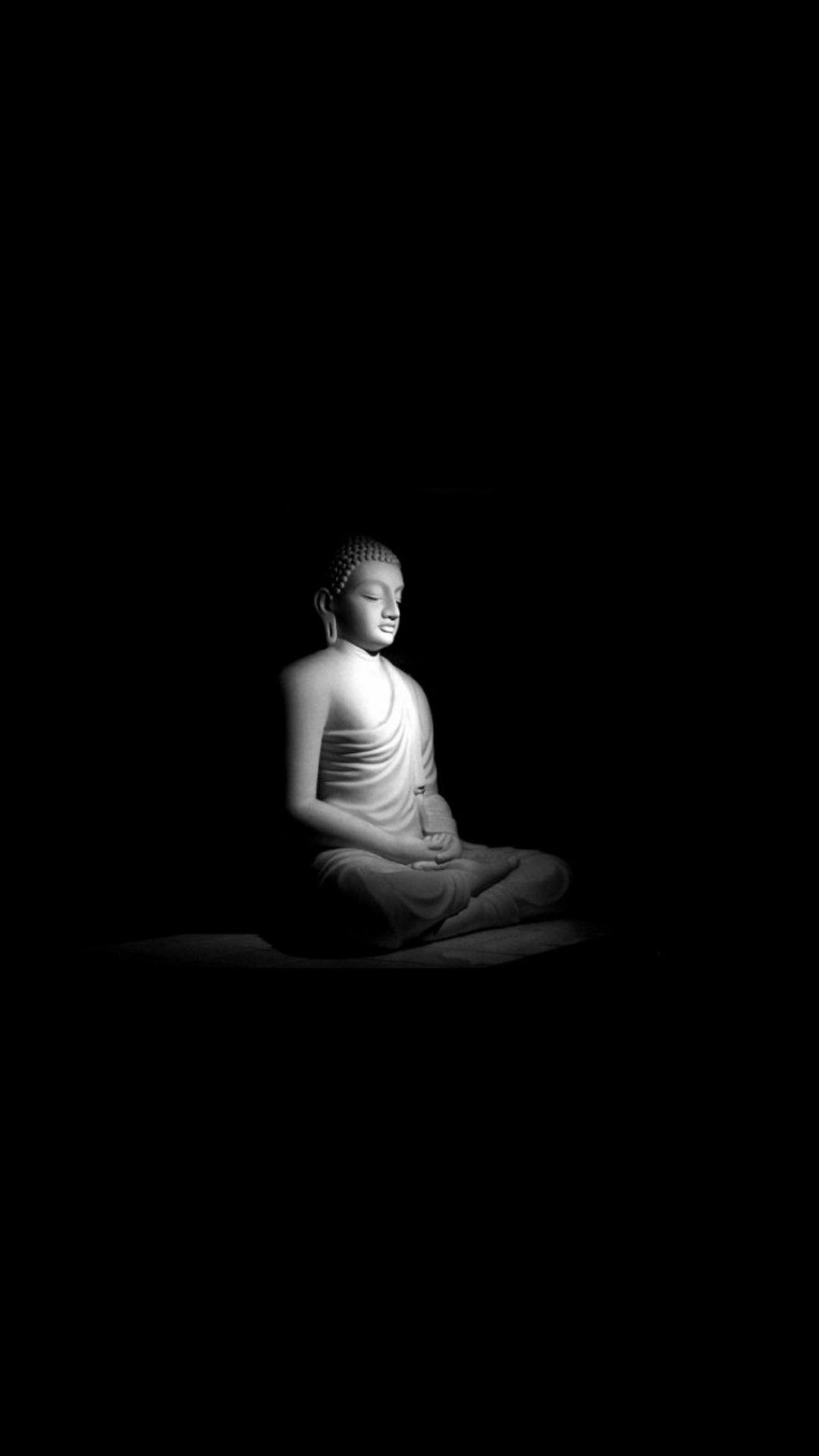 Buddha-Statue, Lichtkegel, Schwarzer Hintergrund, Minimalismus, Sperrbildschirm fürs iPhone