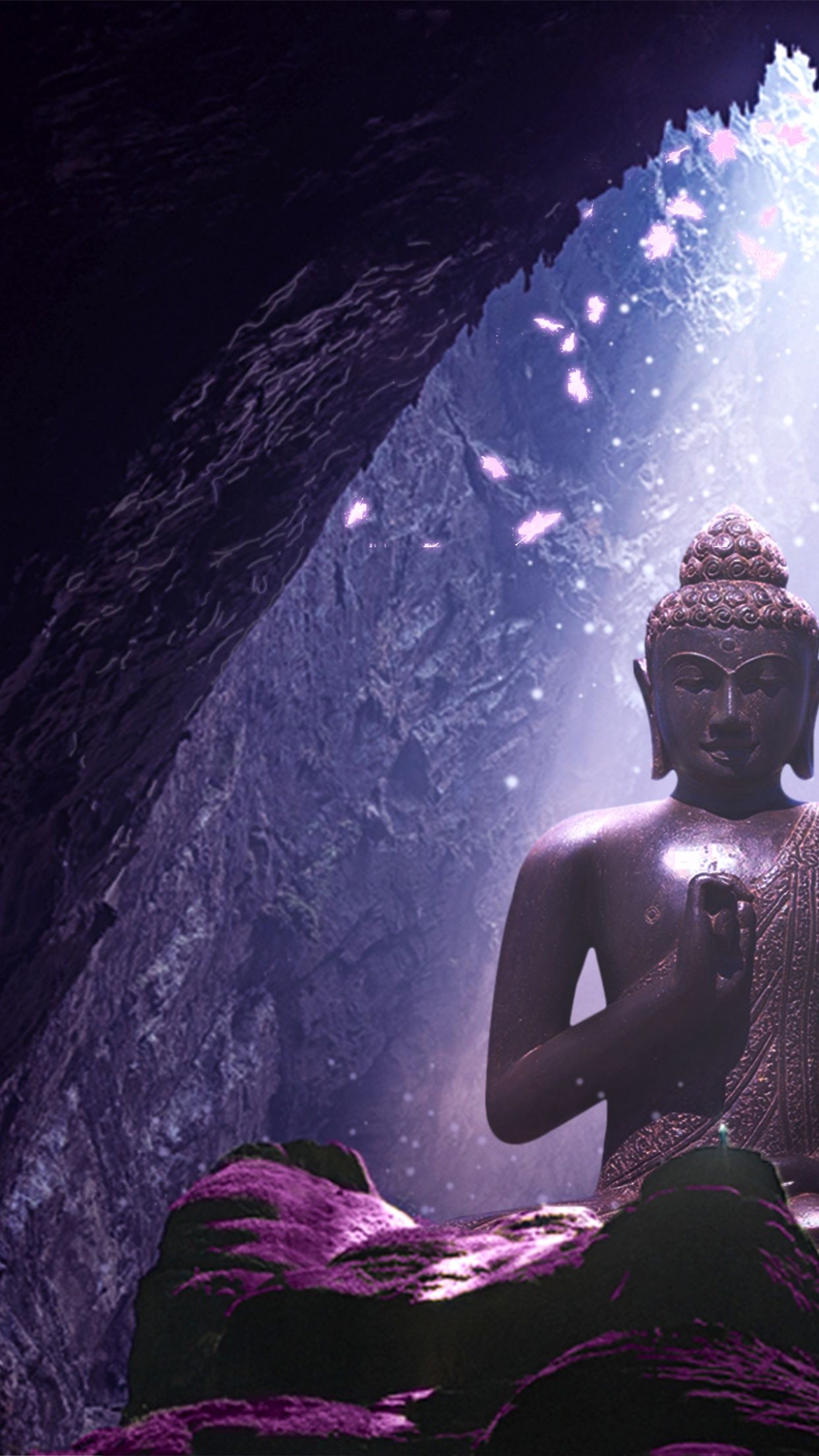 Buddha, Höhle, Lichtstrahlen, Fantasy, Lila Töne, Full HD, Handy-Hintergrund im Hochformat