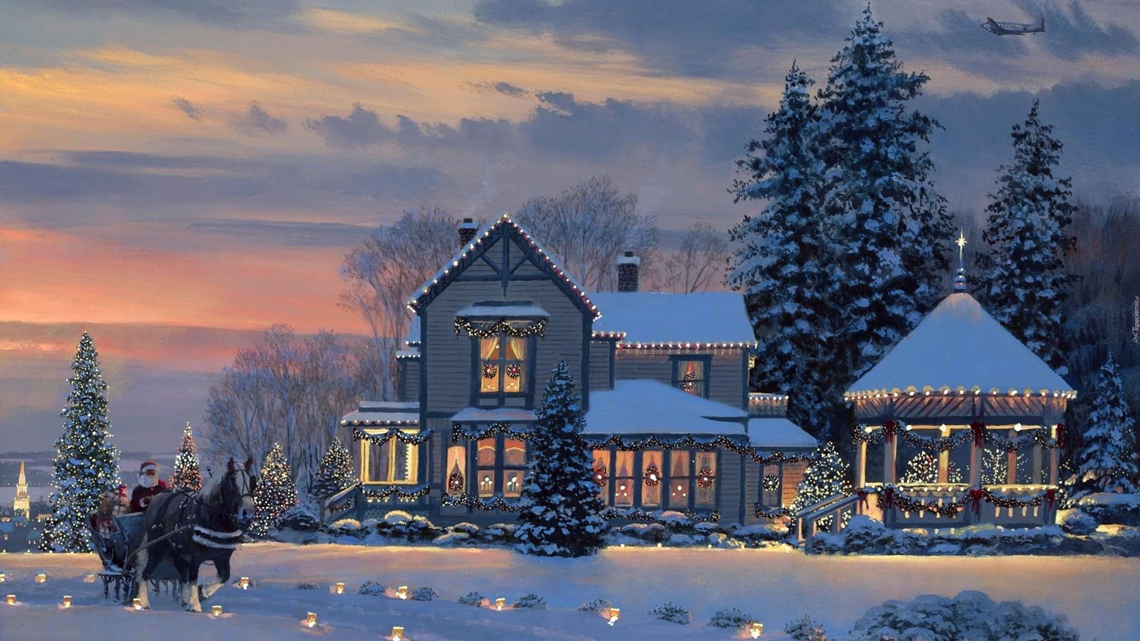 Viktorianisches Haus, Pferdeschlitten, Winterabend, Tannen, Weihnachtsbeleuchtung, 4K-Hintergrund