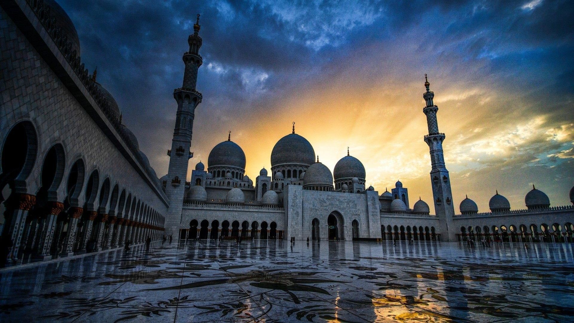 Scheich-Zayid-Moschee, Abu Dhabi, Minarette, Kuppeln, Sonnenuntergang, Dramatischer Himmel, Full-HD-Hintergrundbild