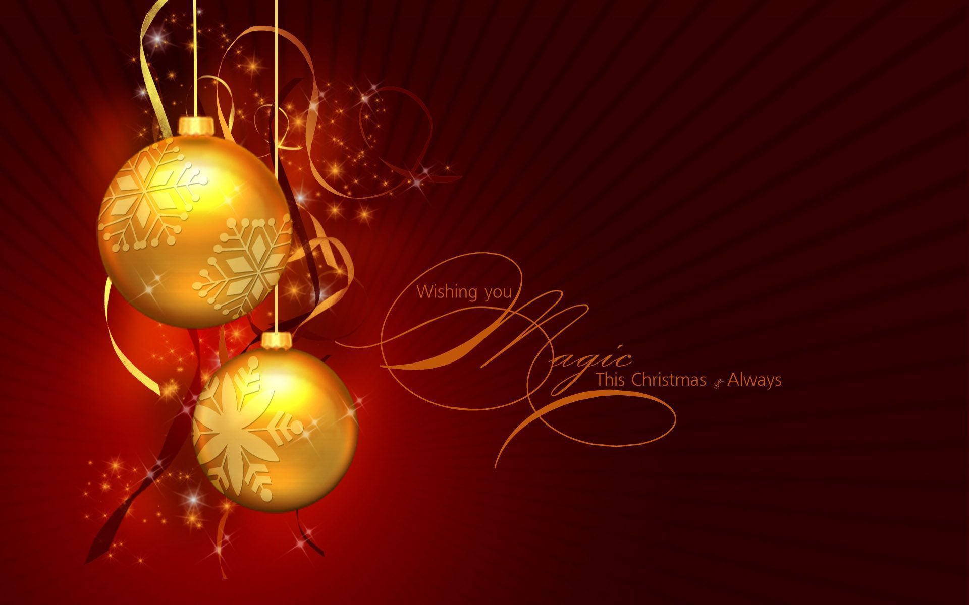 Christbaumkugeln, Goldene Kugeln, Roter Hintergrund, Schriftzug, Grußkarte, Full HD Wallpaper