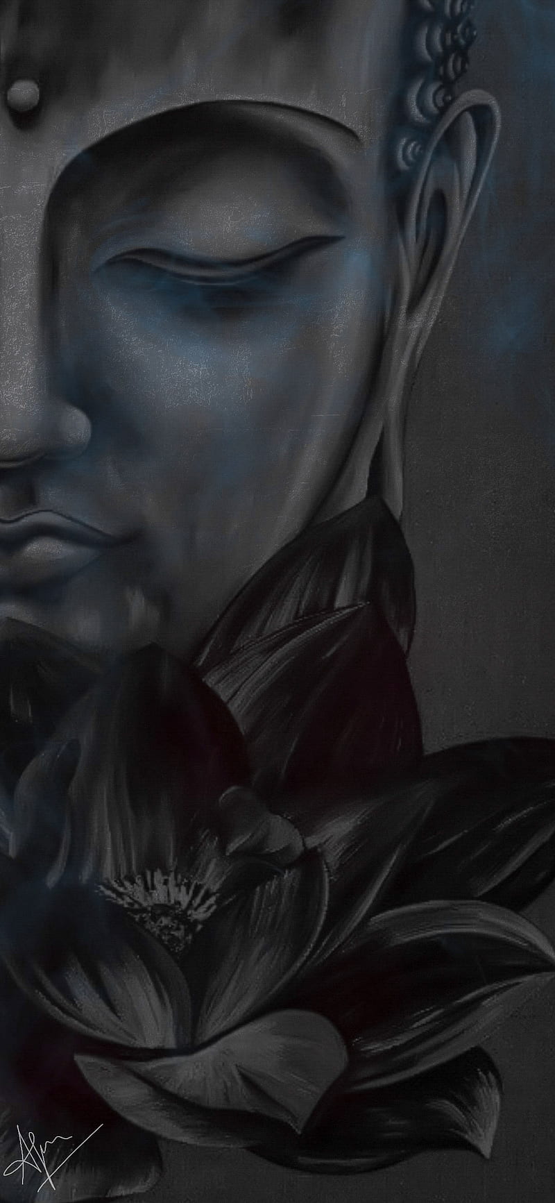 Buddha-Gesicht, Lotusblüte, Profil, Graue Töne, Dunkle Töne, Hintergrundbild fürs Handy