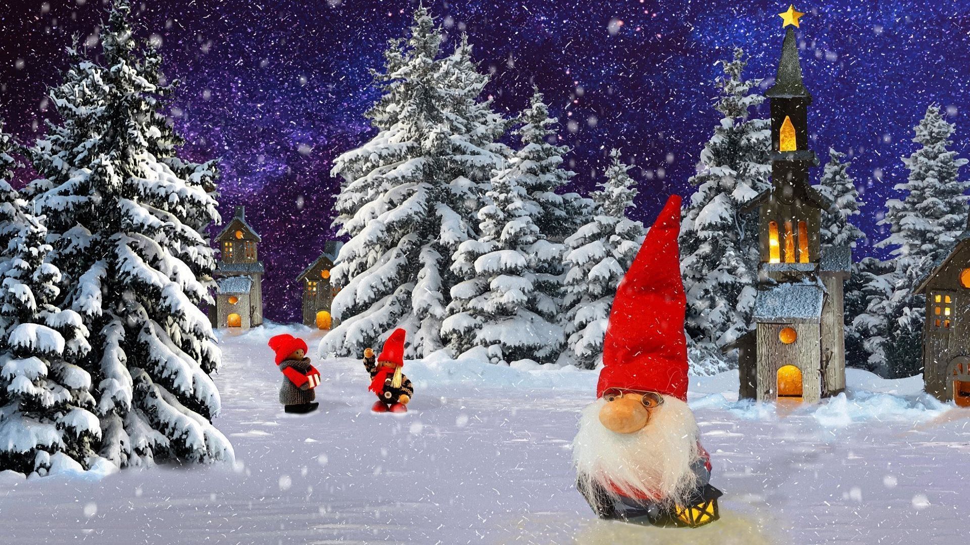 Wichtel, Verschneite Tannen, Kirche, Winternacht, Weihnachtsdorf, Full HD, Laptop-Hintergrundbild